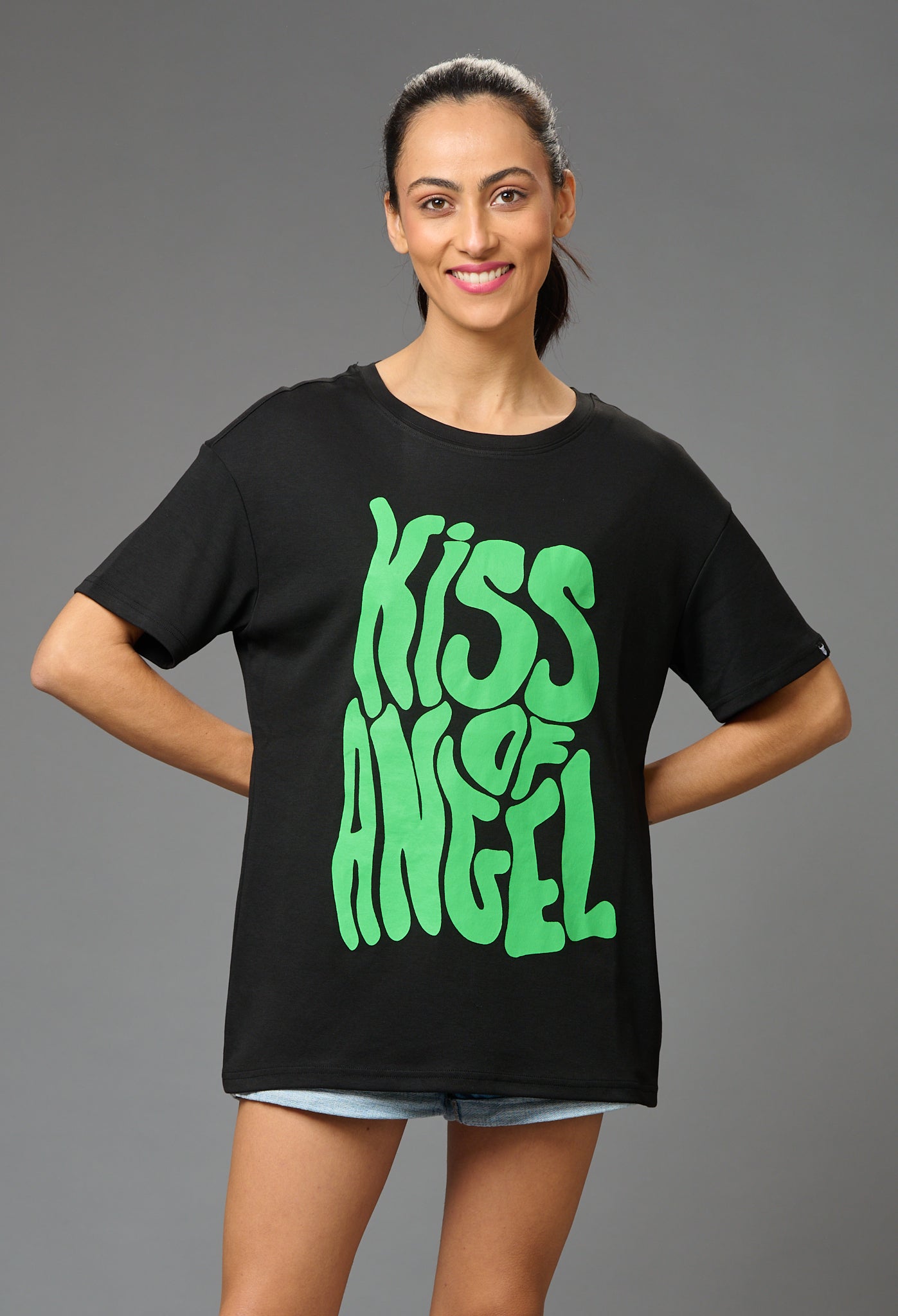Kiss of An Angel Printed Black Oversized T-Shirt for Women - Go Devil