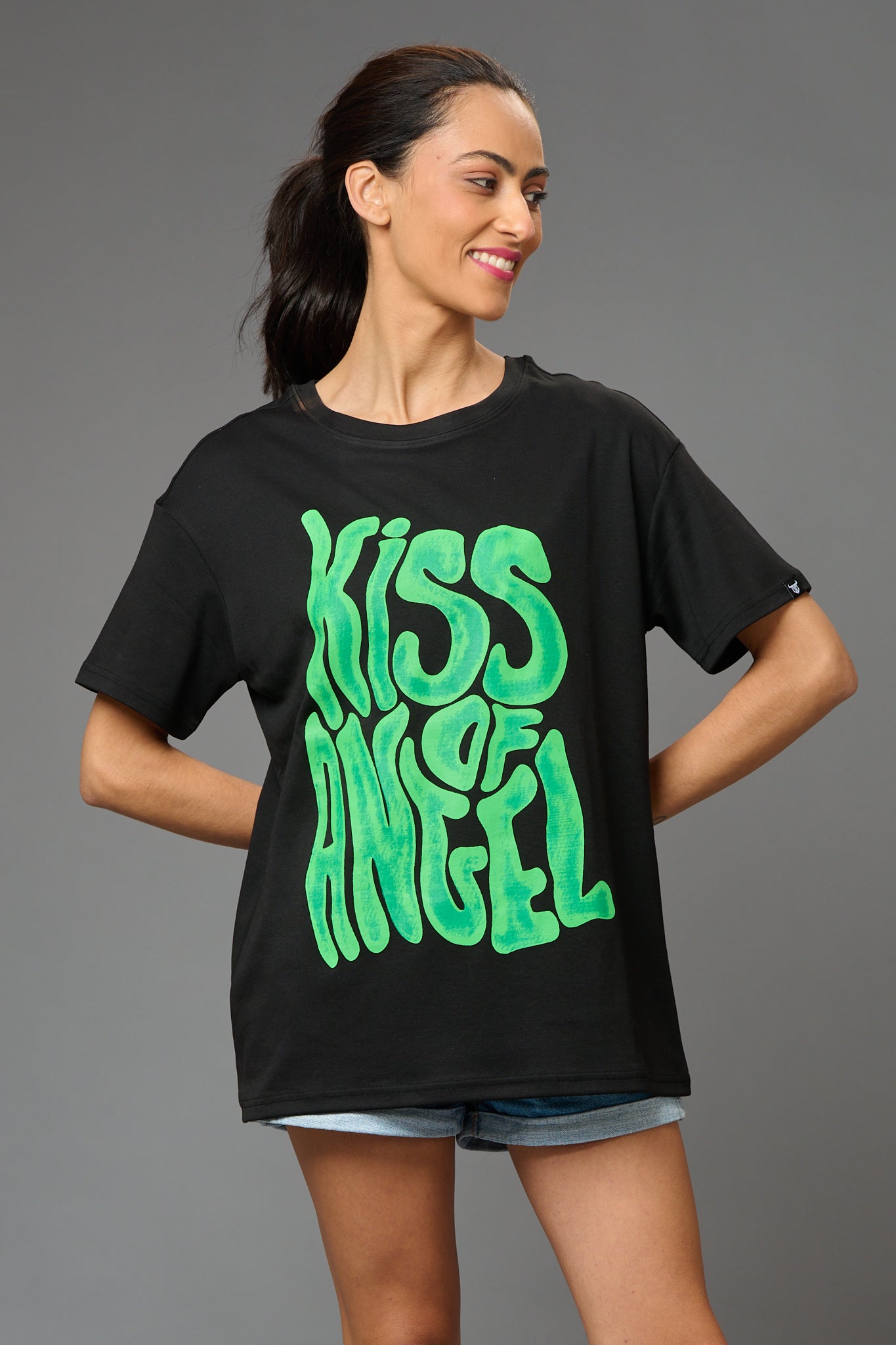Kiss of Angel Printed Black Oversized T-Shirt for Women - Go Devil