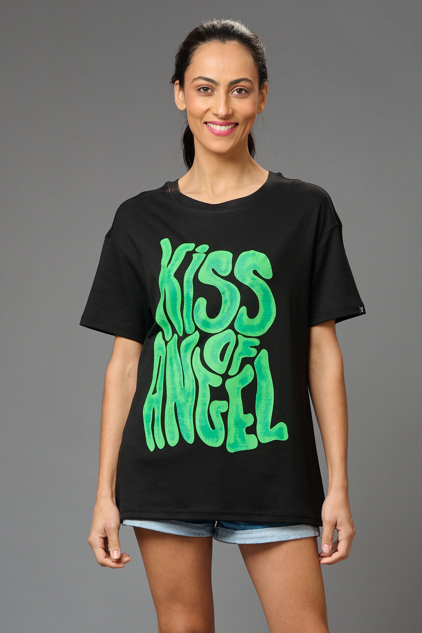 Kiss of Angel Printed Black Oversized T-Shirt for Women - Go Devil