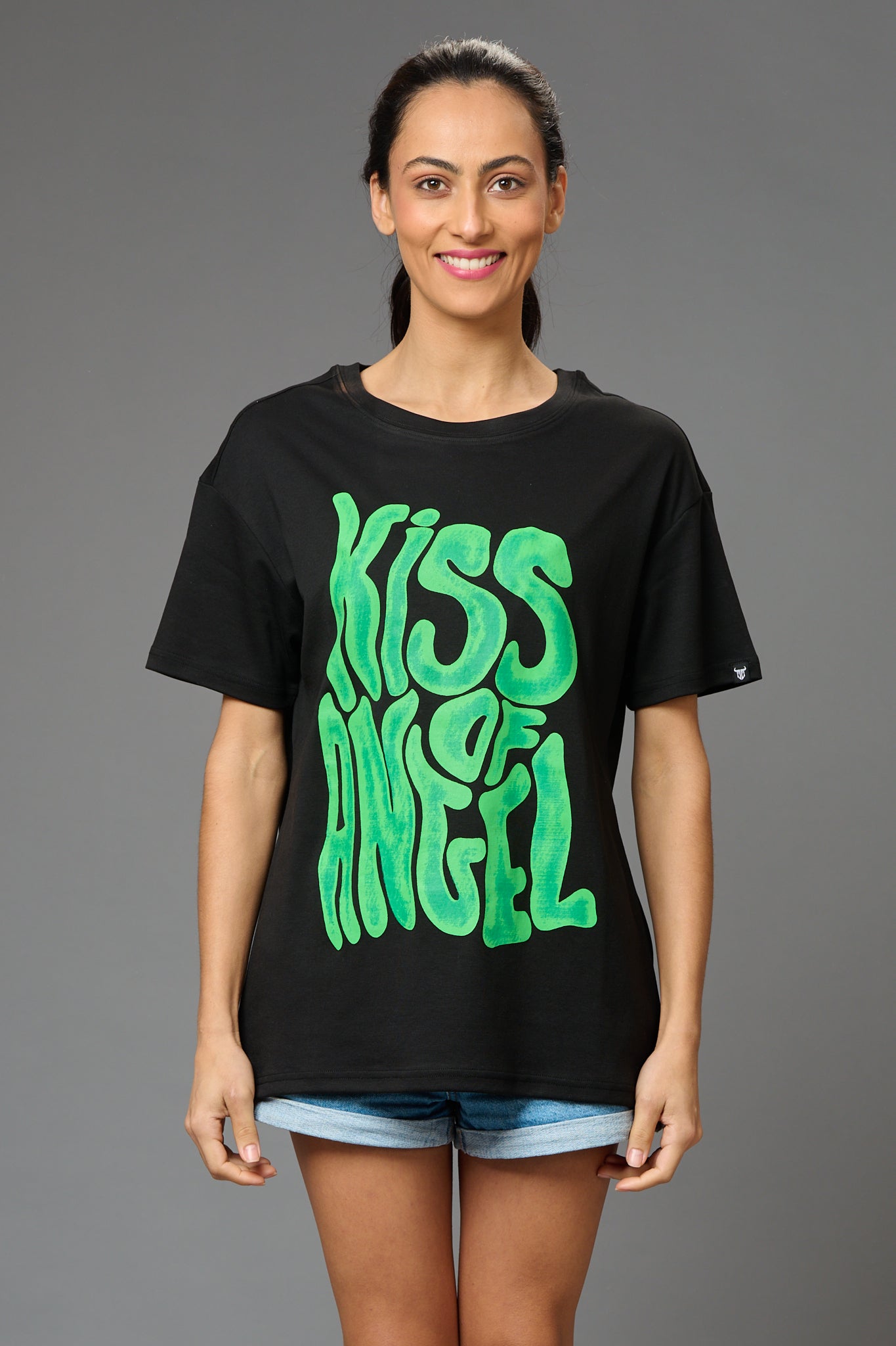 Kiss of Angel Printed Black Oversized T-Shirt for Women - Go Devil