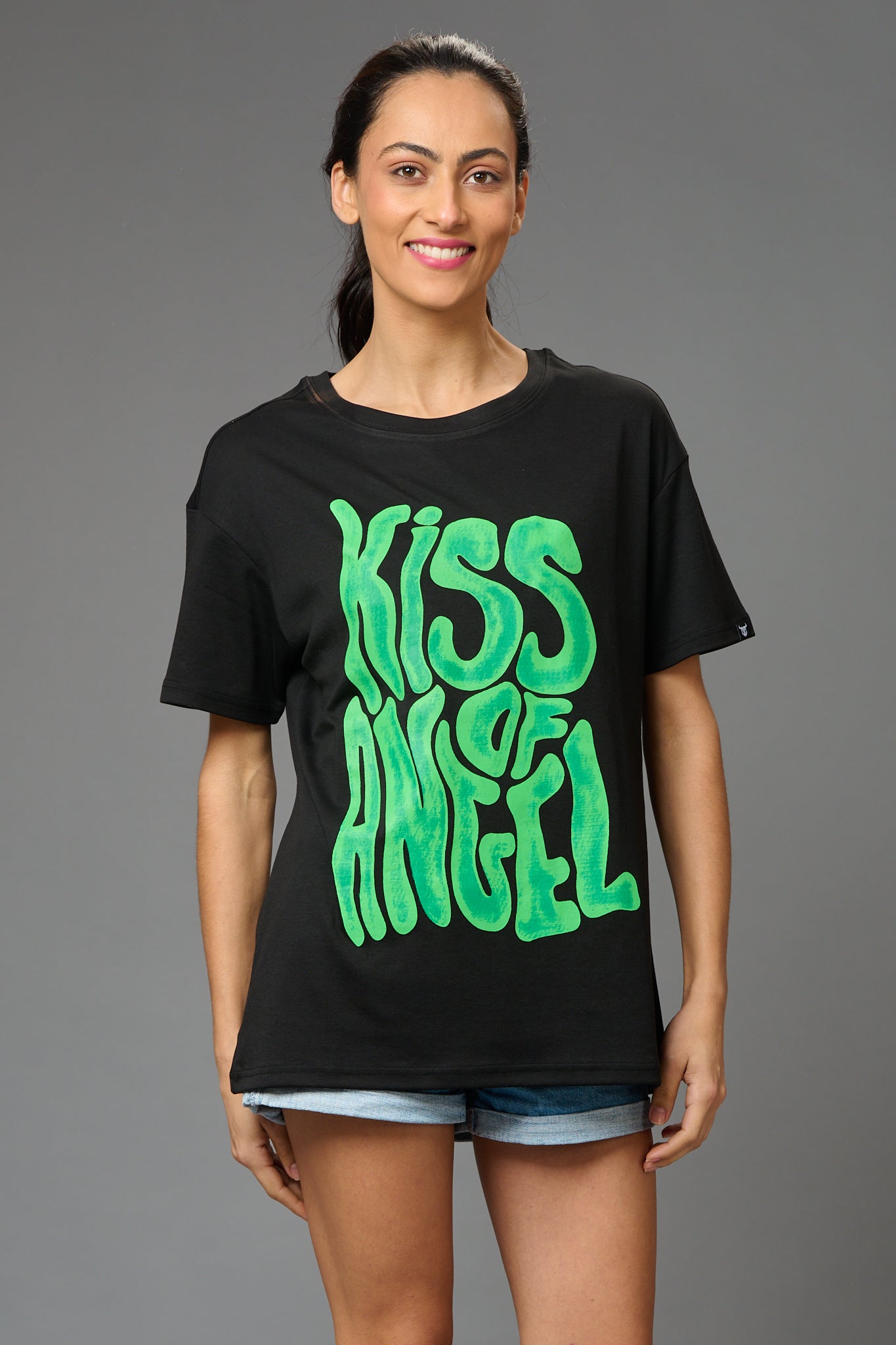 Kiss of Angel Printed Black Oversized T-Shirt for Women - Go Devil