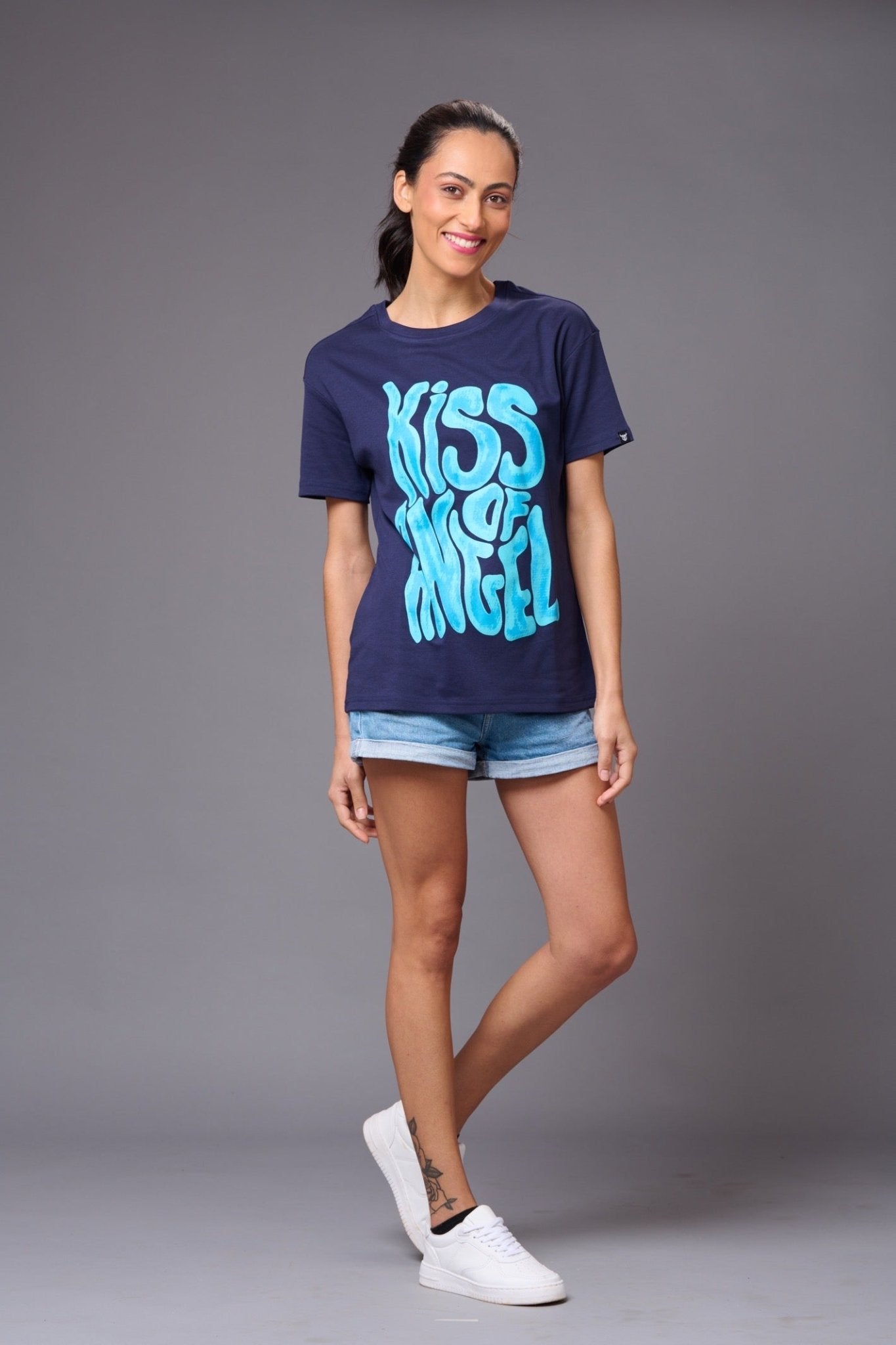Kiss of Angel Printed Blue Oversized T-Shirt for Women - Go Devil