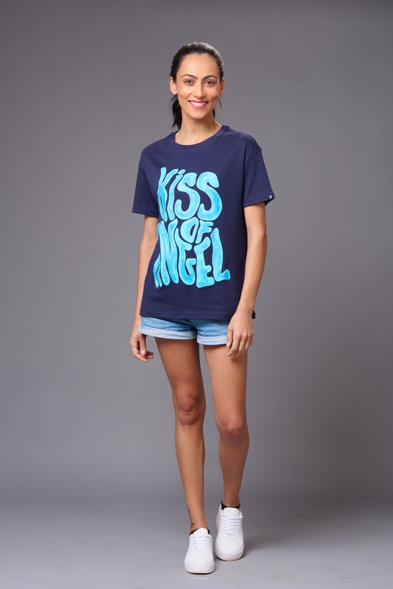 Kiss of Angel Printed Blue Oversized T-Shirt for Women - Go Devil