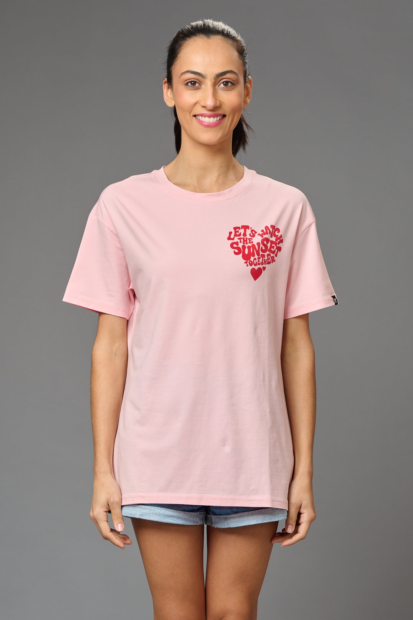 Let's Watch the Sunset Together Printed Baby Pink Oversized T-Shirt for Women - Go Devil