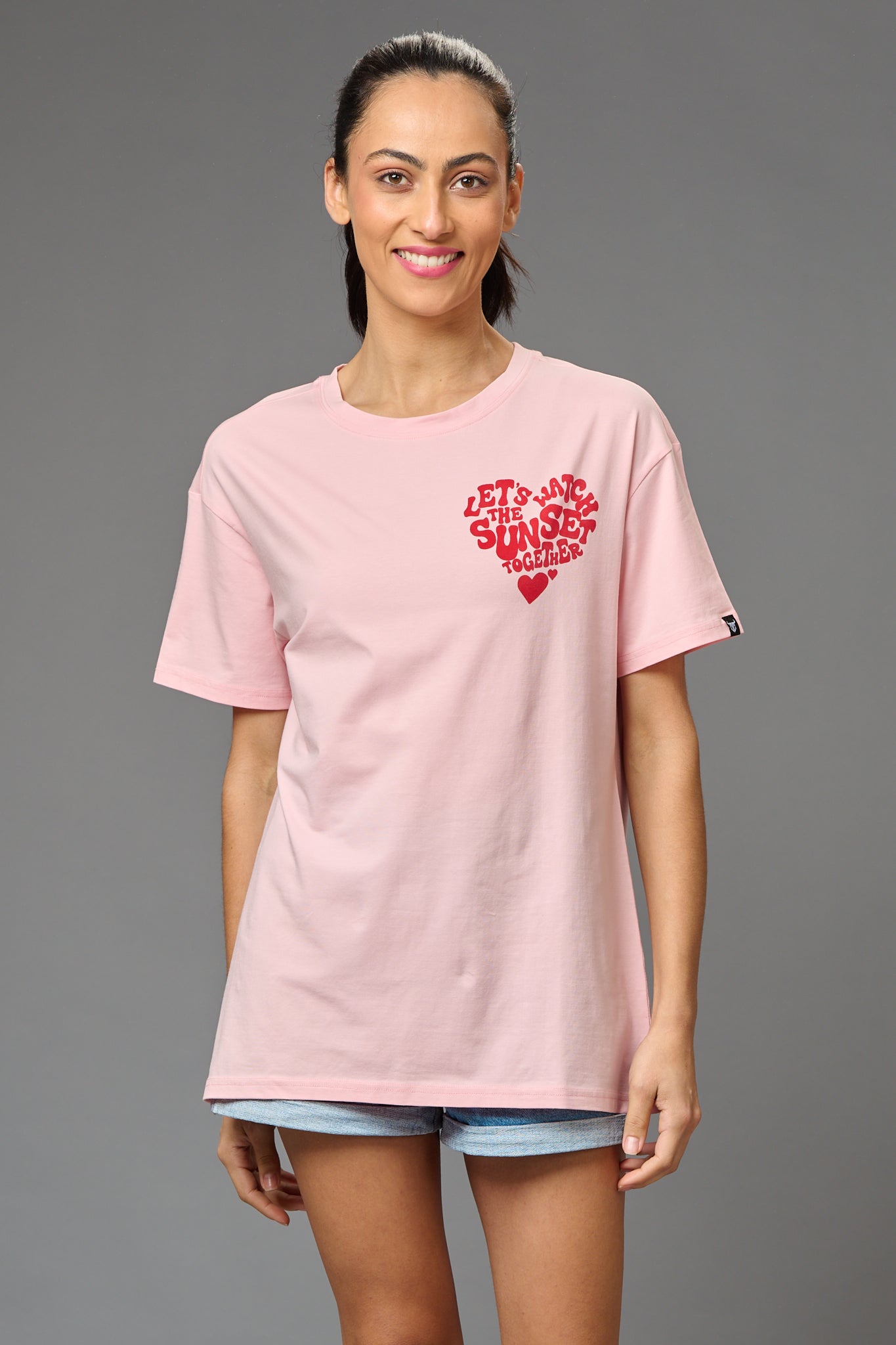 Let's Watch the Sunset Together Printed Baby Pink Oversized T-Shirt for Women - Go Devil