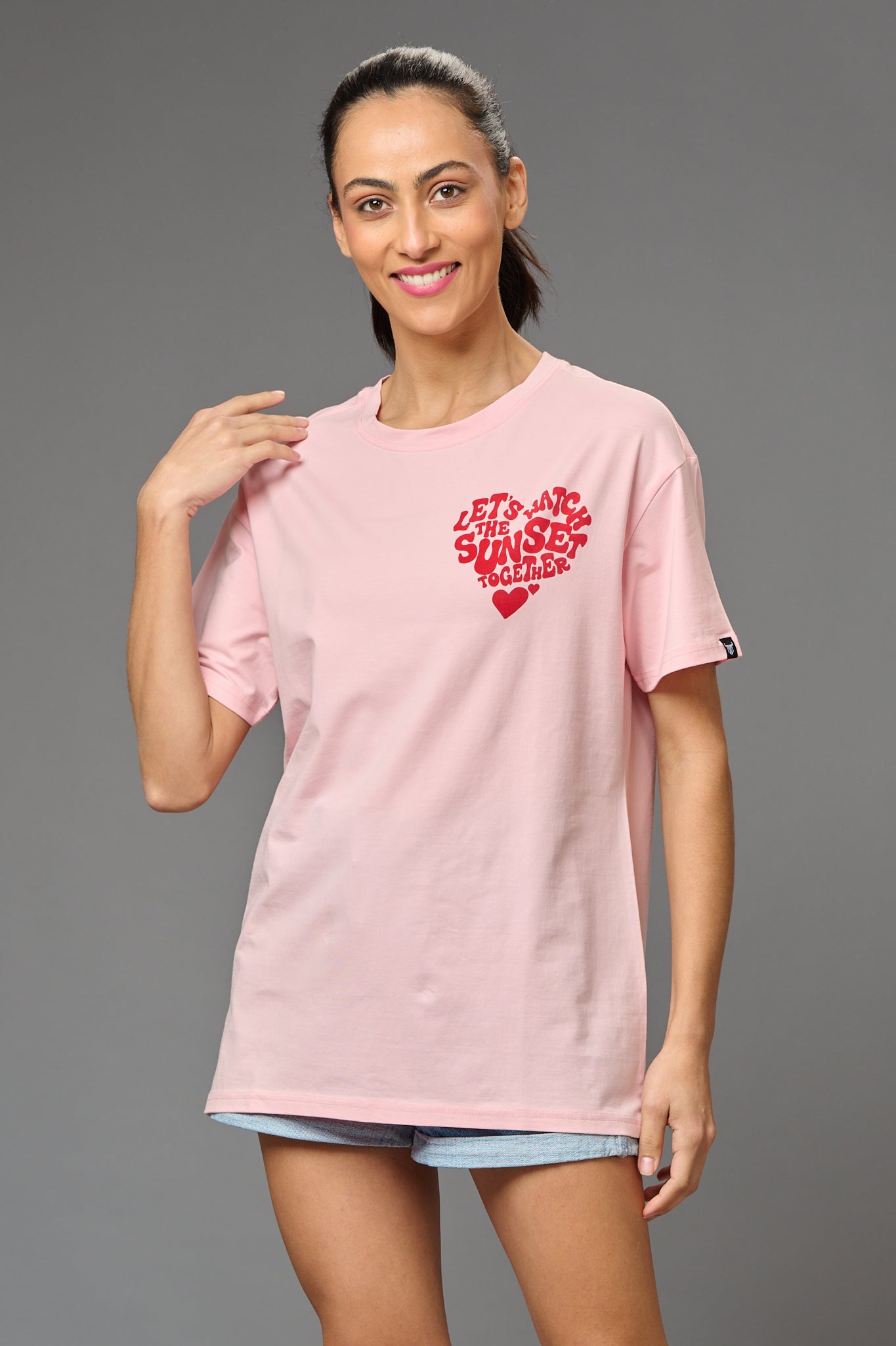 Let's Watch the Sunset Together Printed Baby Pink Oversized T-Shirt for Women - Go Devil
