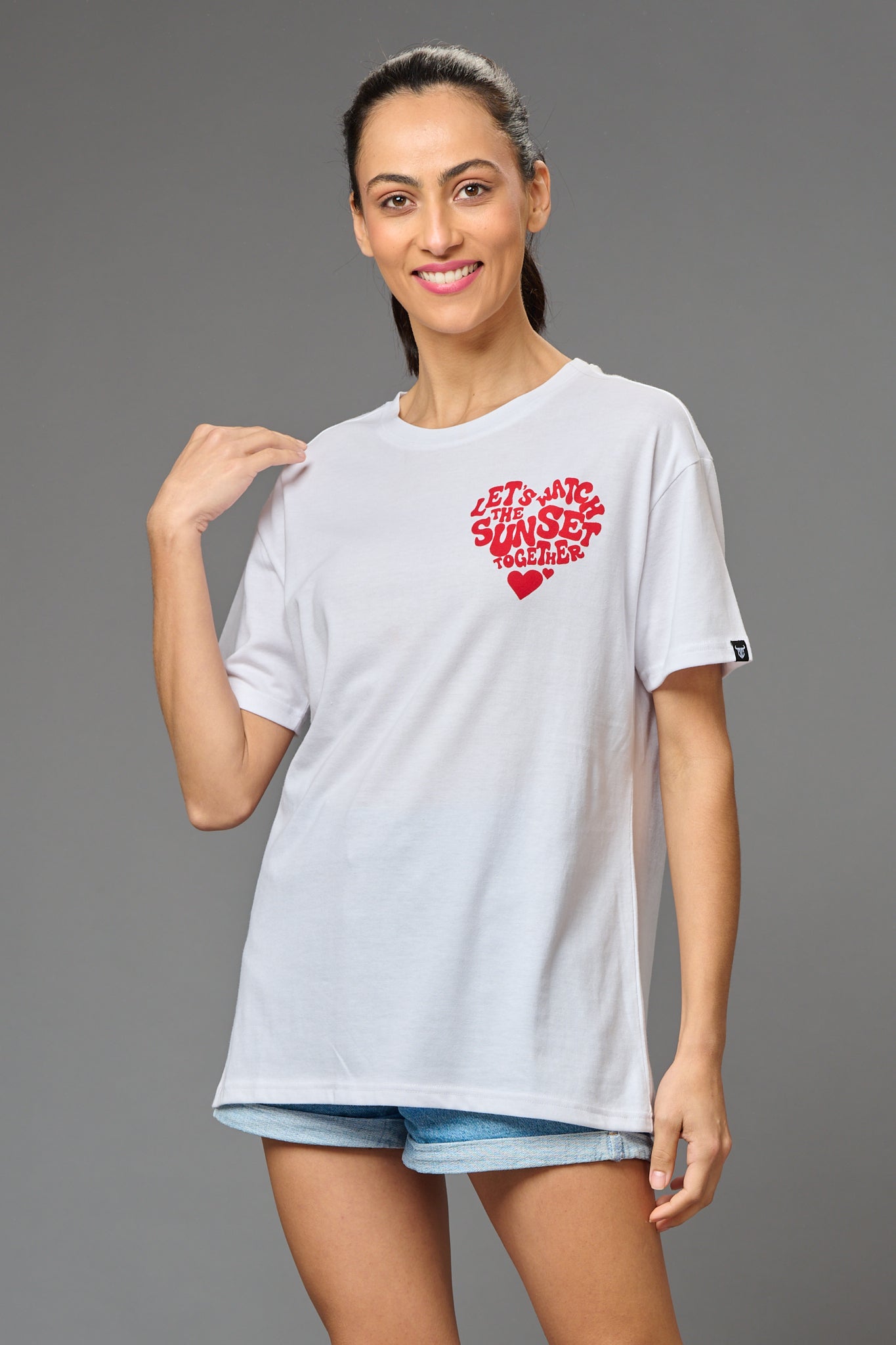 Let's Watch the Sunset Together Printed White Oversized T-Shirt for Women - Go Devil