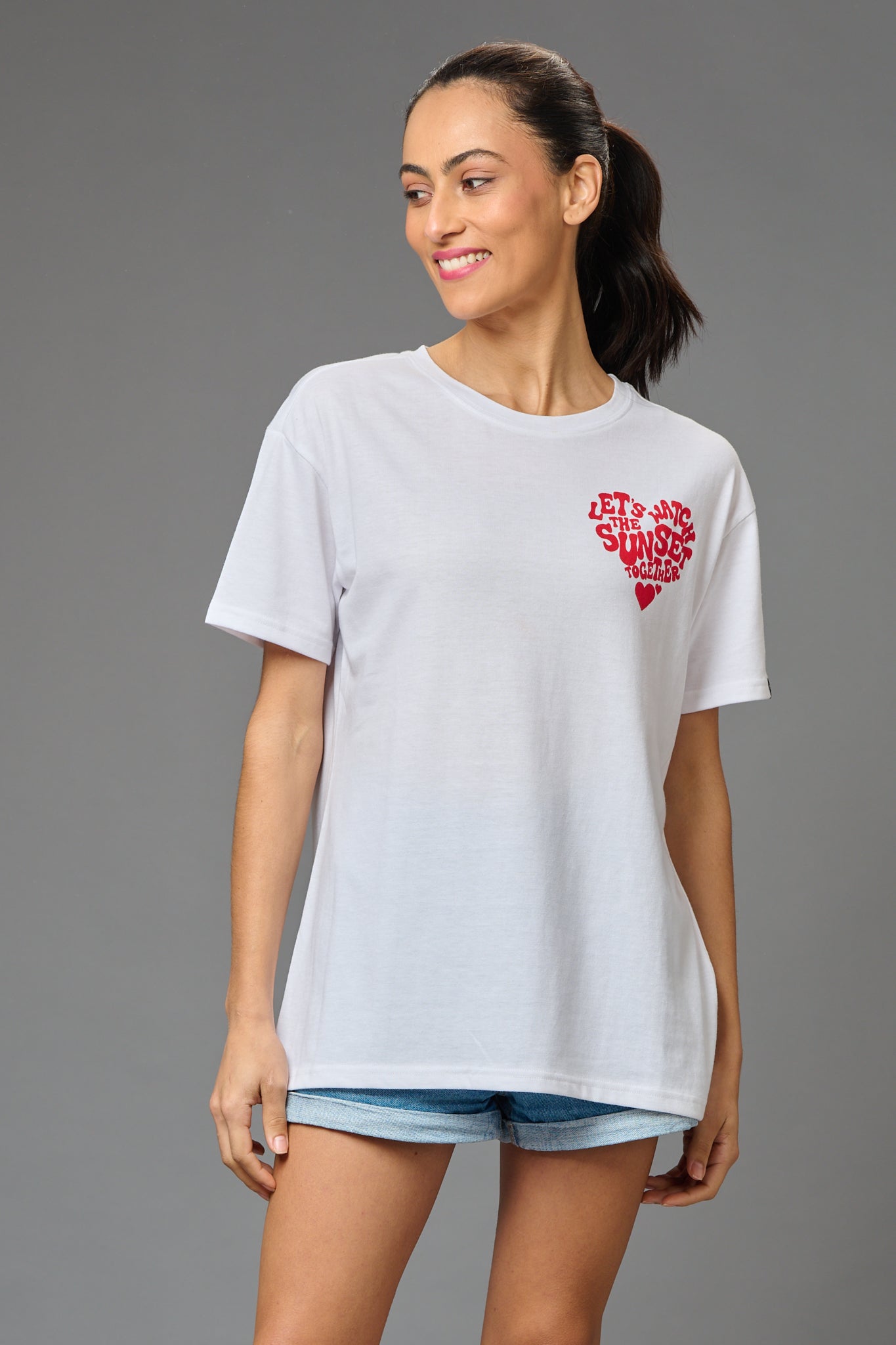 Let's Watch the Sunset Together Printed White Oversized T-Shirt for Women - Go Devil