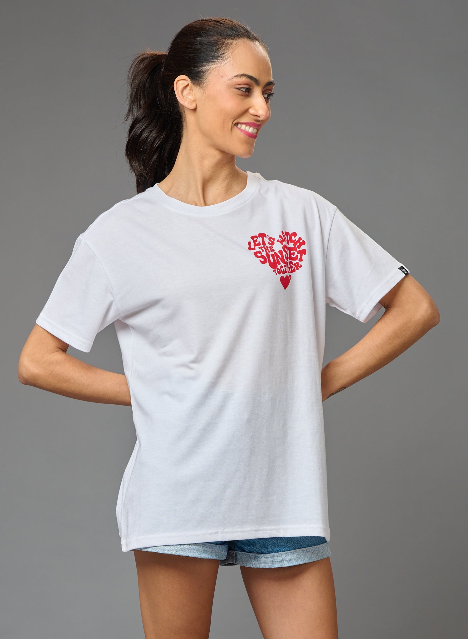 Let's Watch the Sunset Together Printed White Oversized T-Shirt for Women - Go Devil