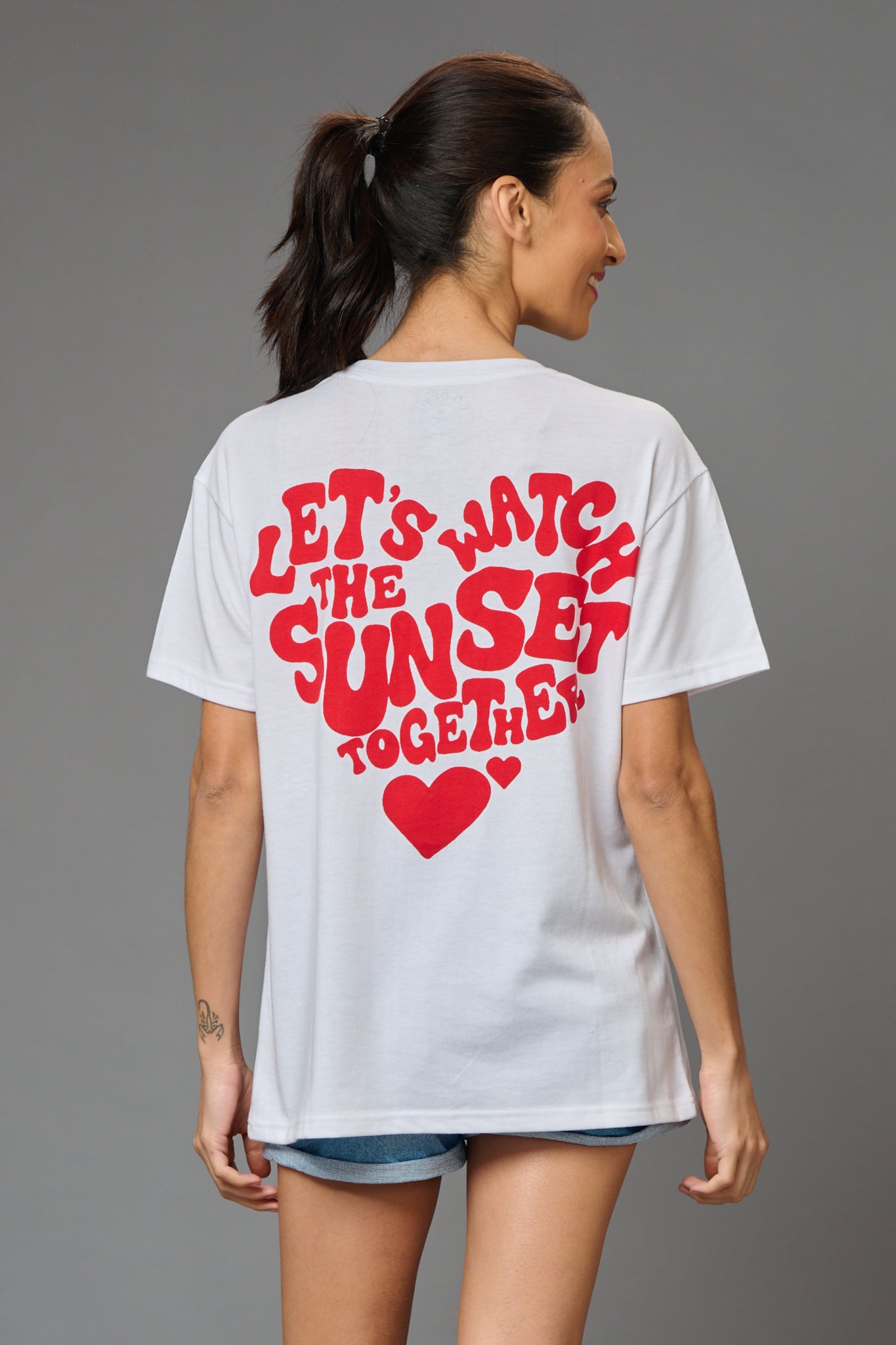 Let's Watch the Sunset Together Printed White Oversized T-Shirt for Women - Go Devil
