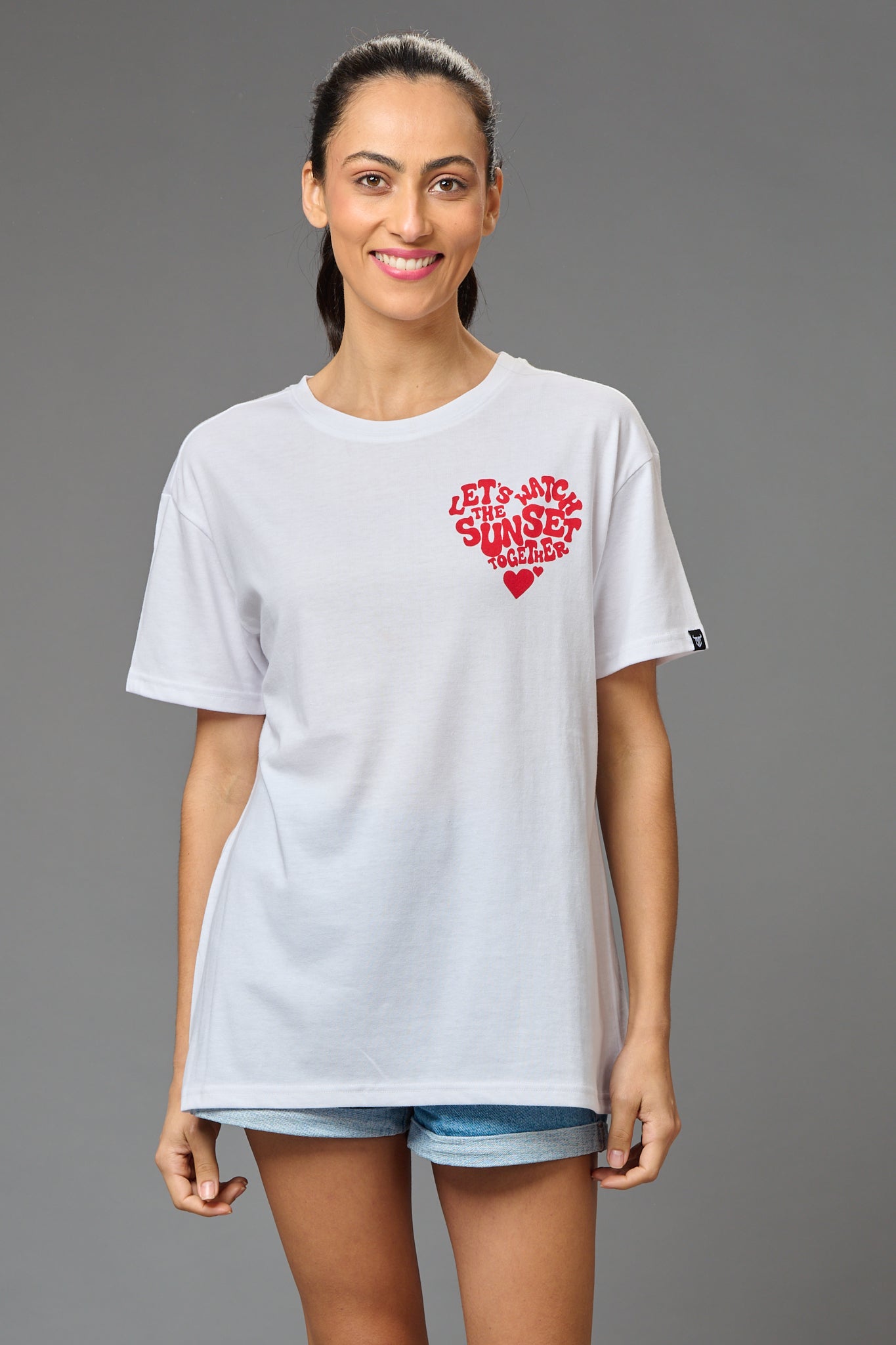 Let's Watch the Sunset Together Printed White Oversized T-Shirt for Women - Go Devil