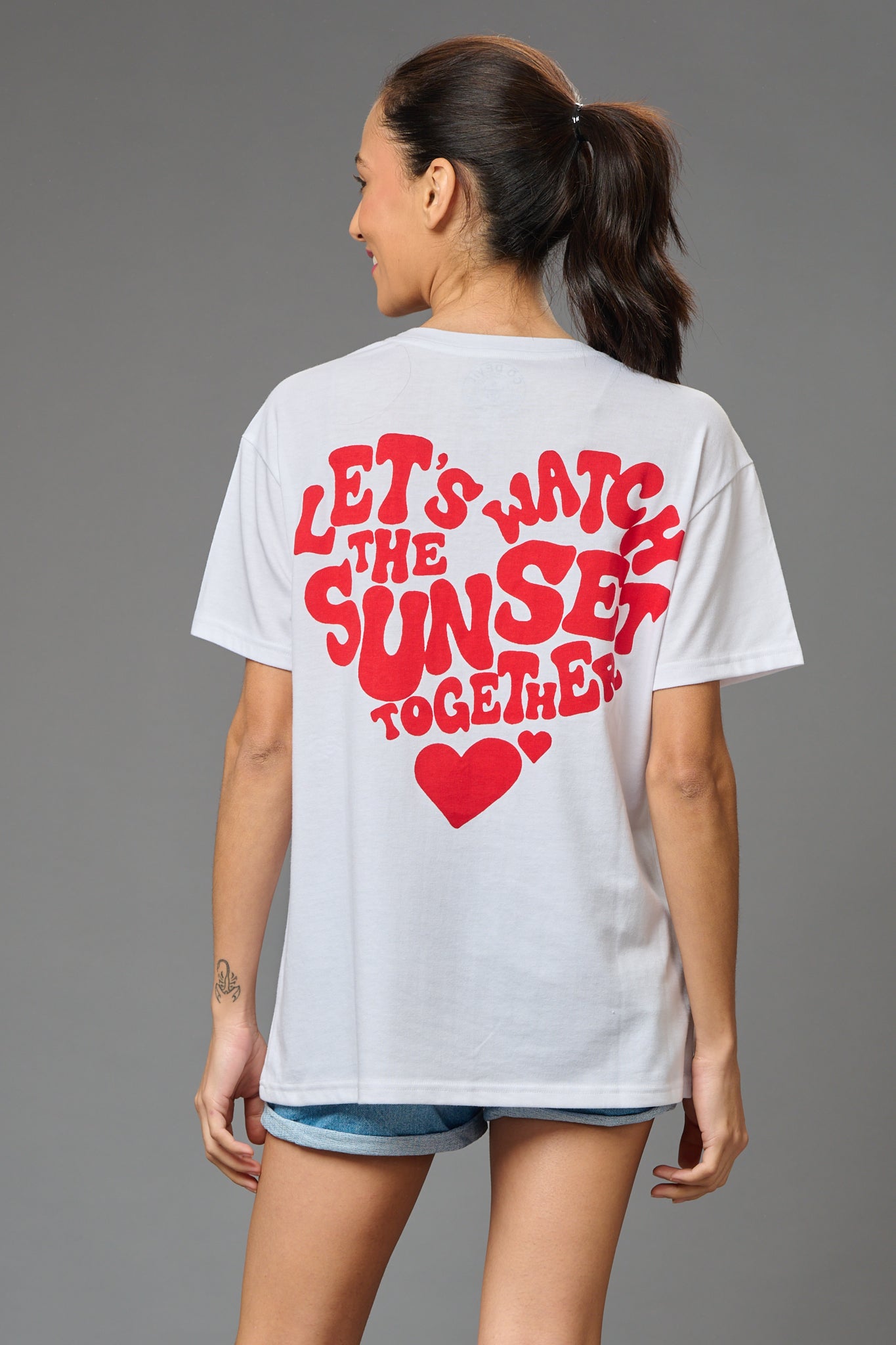 Let's Watch the Sunset Together Printed White Oversized T-Shirt for Women - Go Devil