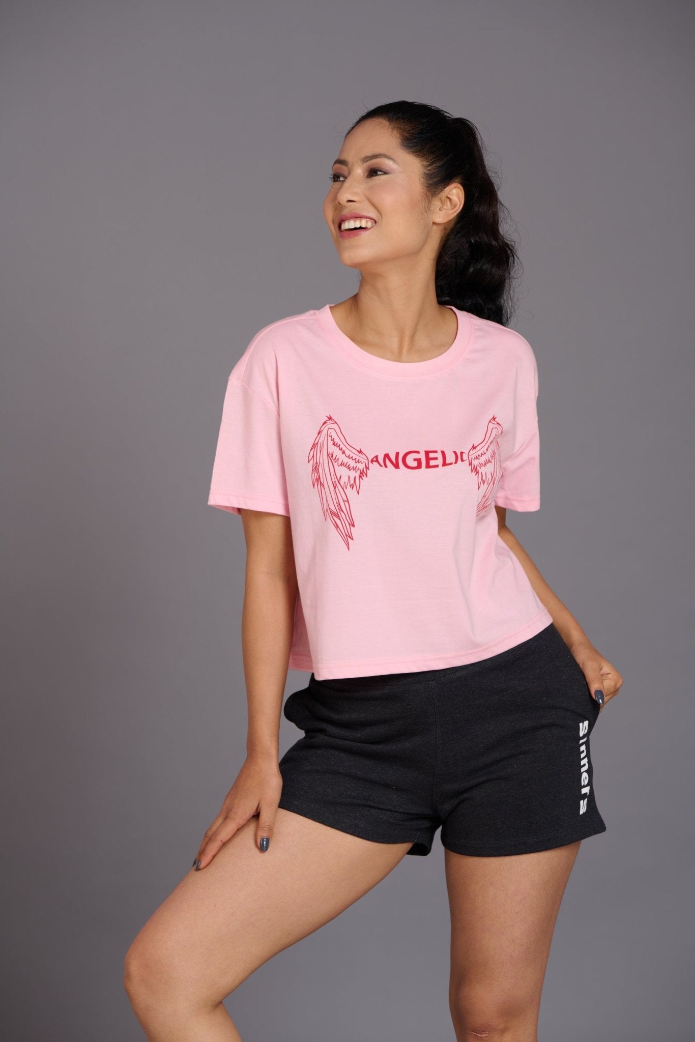 Light Pink Angelic Printed Oversized T-Shirt for Women - Go Devil