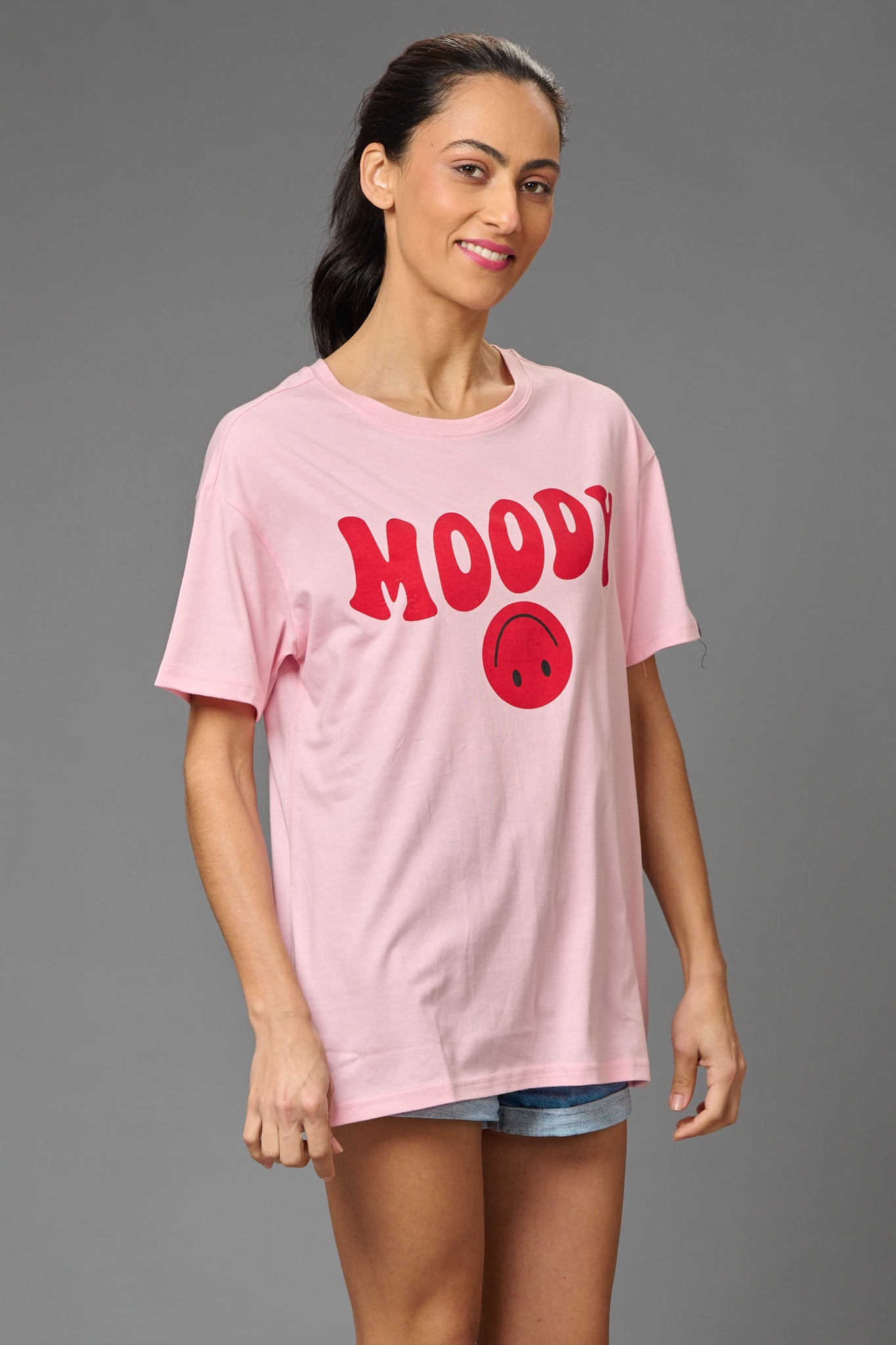 Moody Printed Baby Pink Oversized T-Shirt for Women - Go Devil