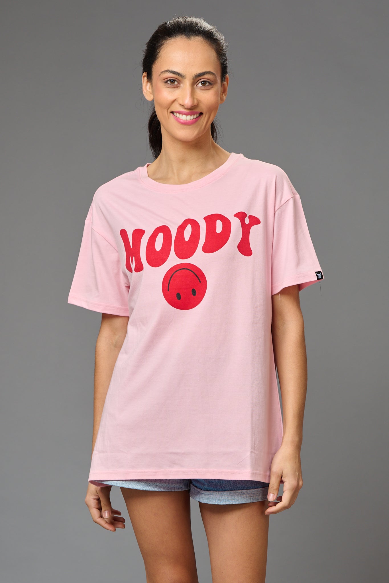 Moody Printed Baby Pink Oversized T-Shirt for Women - Go Devil
