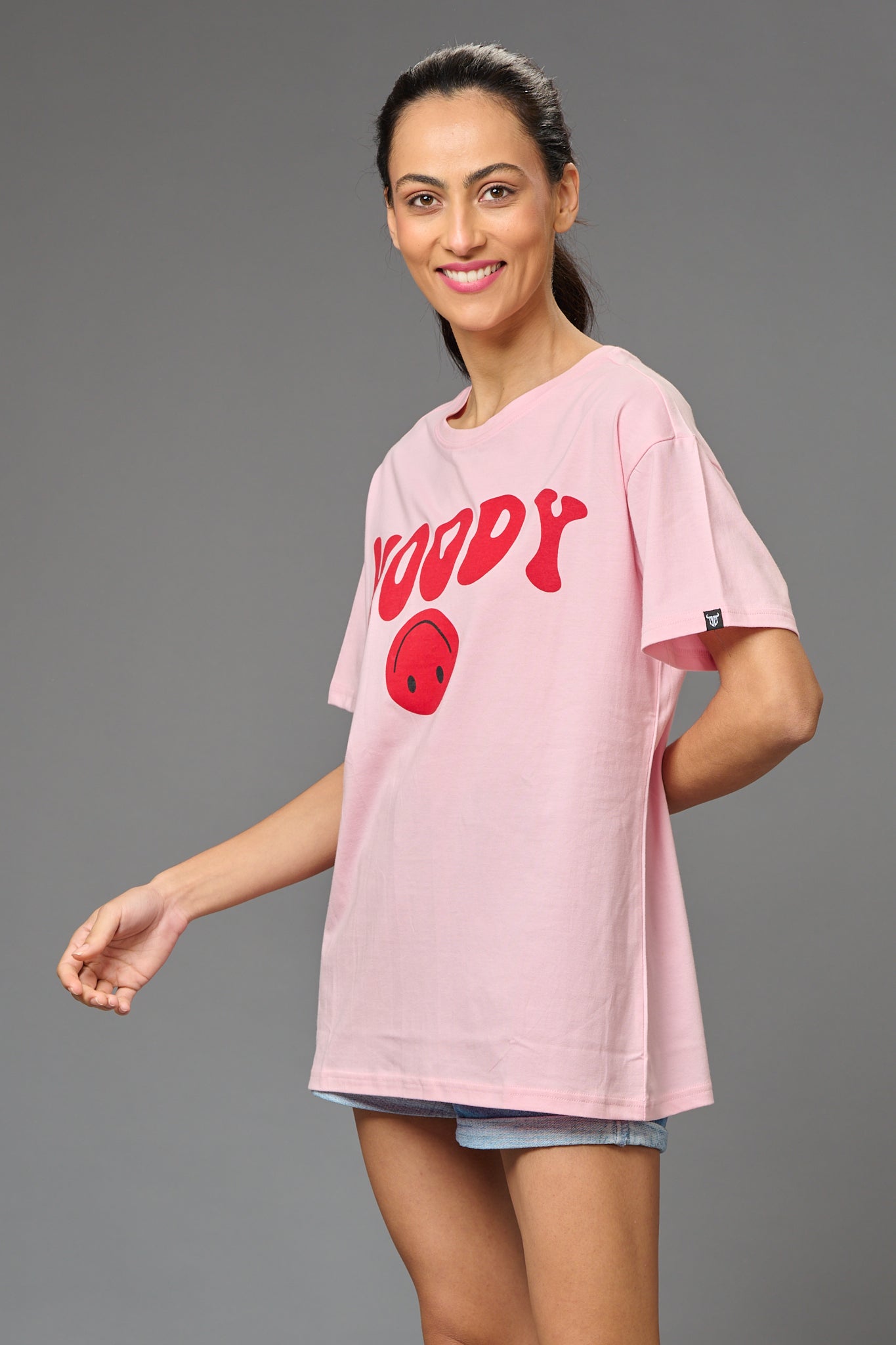 Moody Printed Baby Pink Oversized T-Shirt for Women - Go Devil