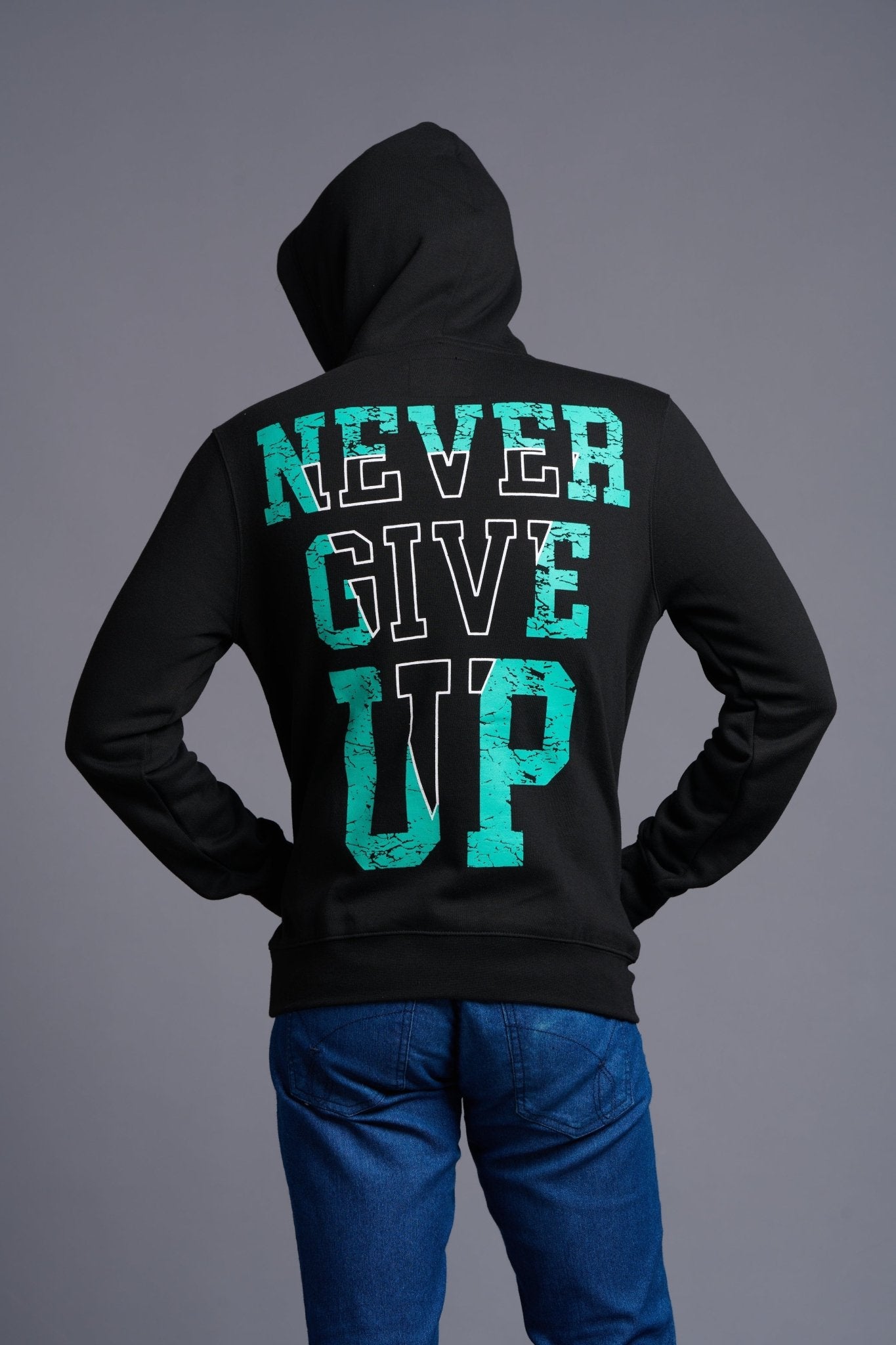 Never Give Up in Green Printed Black Hoodie for Men - Go Devil