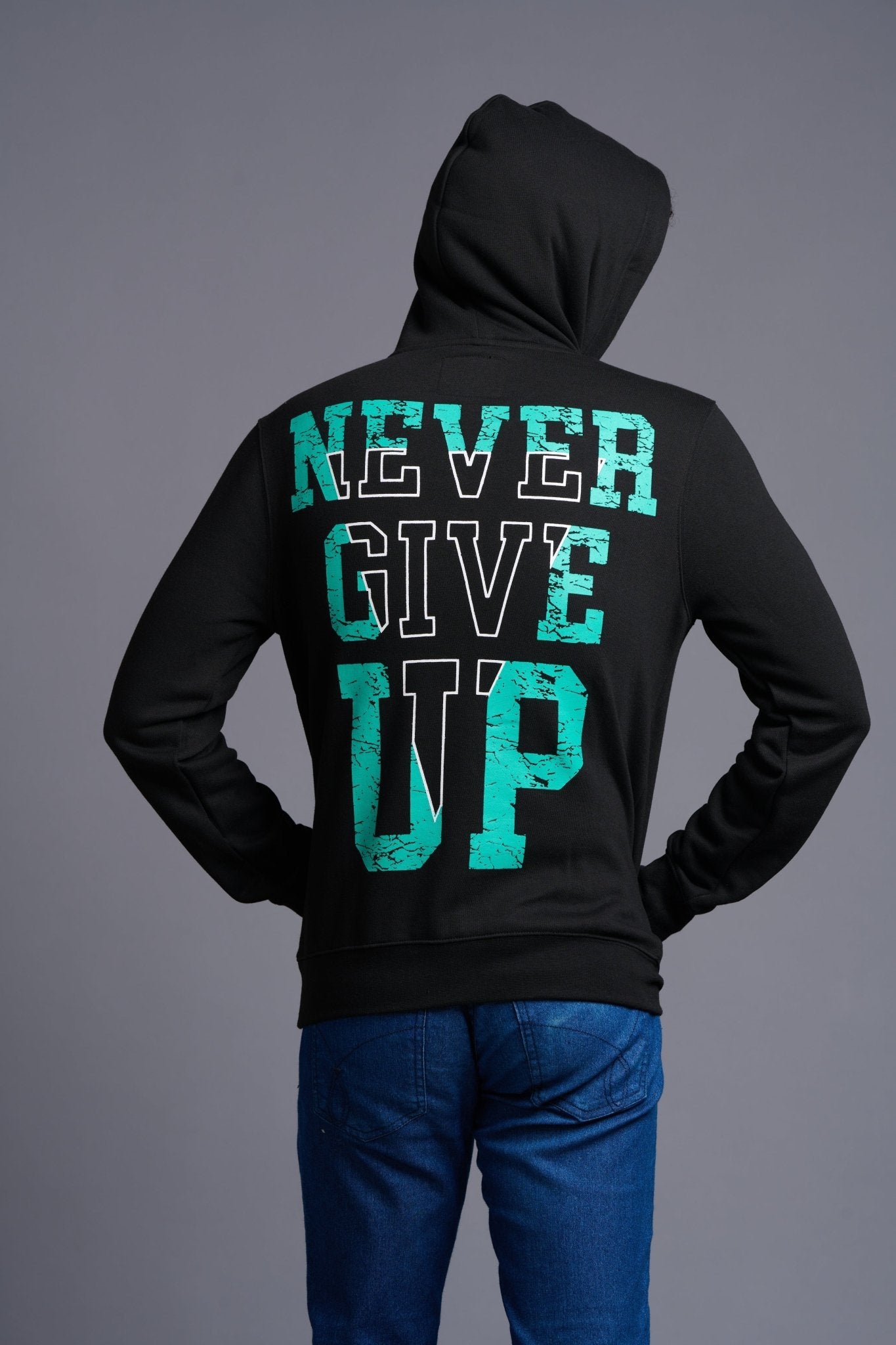 Never Give Up in Green Printed Black Hoodie for Men - Go Devil