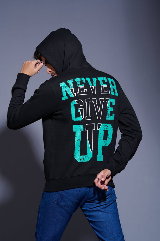 Never Give Up in Green Printed Black Hoodie for Men - Go Devil