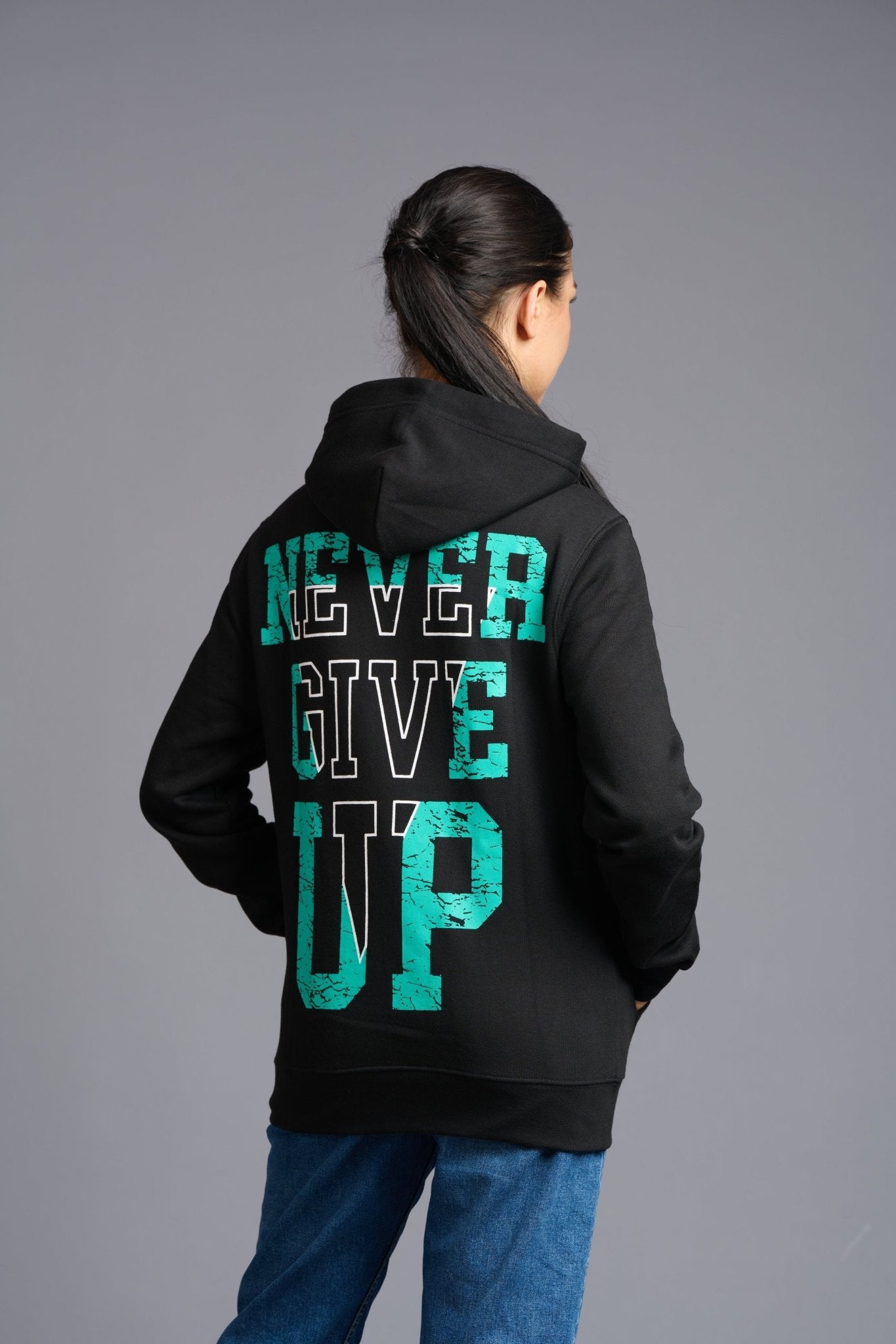 Never Give Up (in Green) Printed Black Hoodie for Women - Go Devil