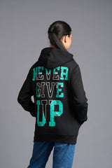 Never Give Up (in Green) Printed Black Hoodie for Women - Go Devil