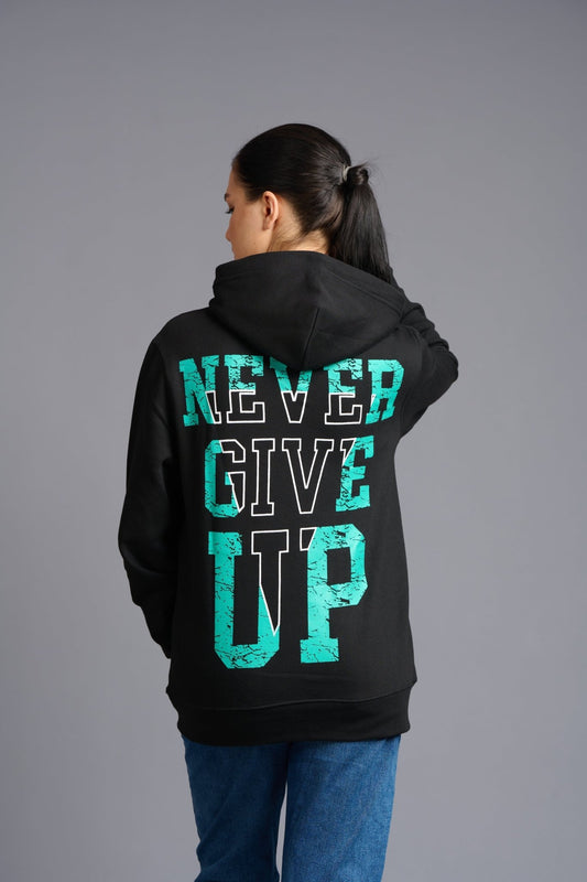 Never Give Up (in Green) Printed Black Hoodie for Women - Go Devil