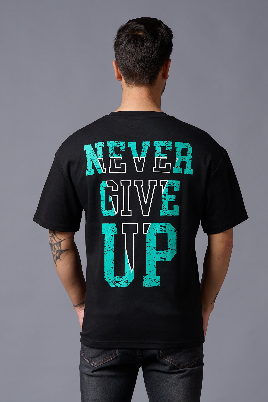 Never Give Up (in Green) Printed Black Oversized T-Shirt for Men - Go Devil