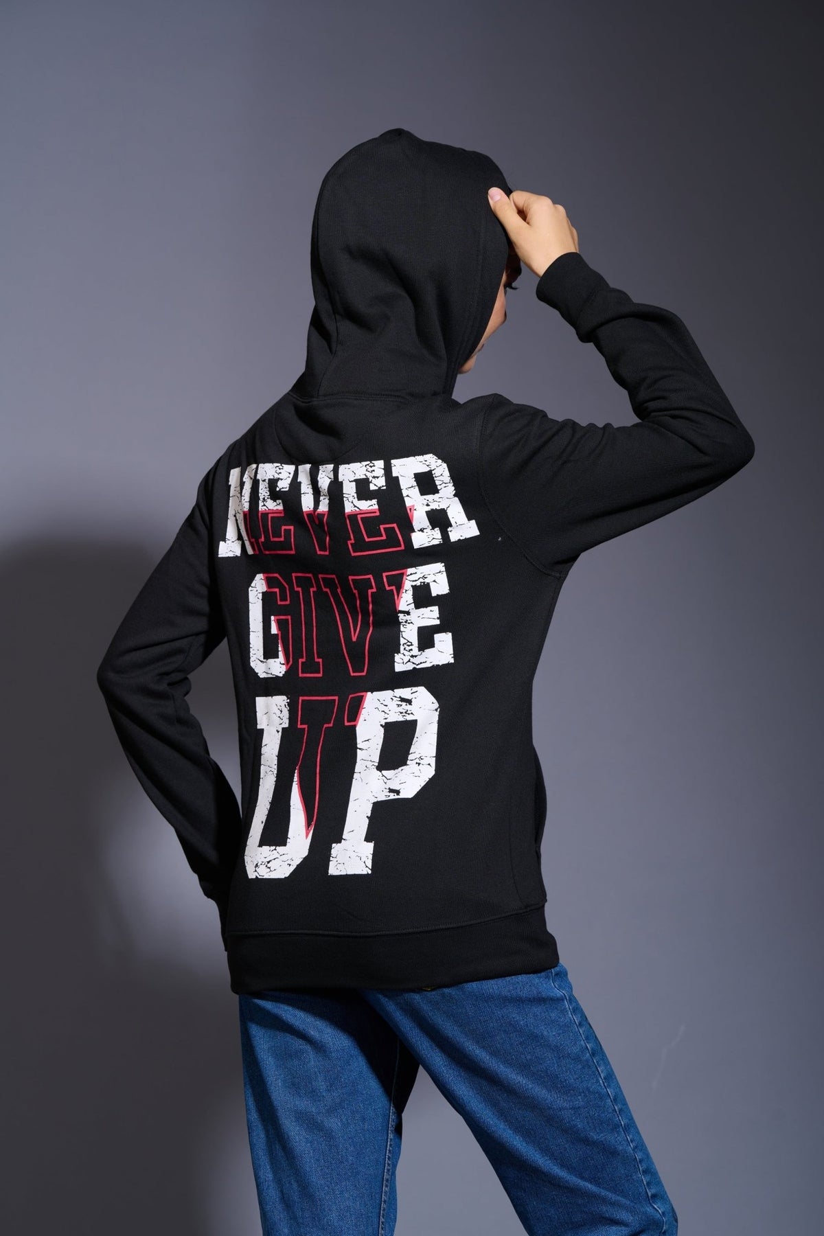 Never Give Up (in Red) Printed Black Hoodie for Women - Go Devil