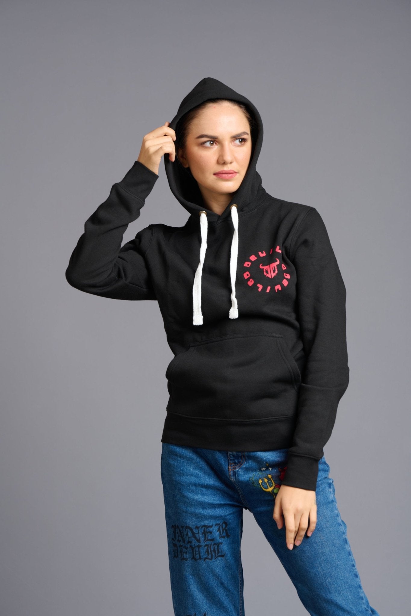 Never Give Up (in Red) Printed Black Hoodie for Women - Go Devil