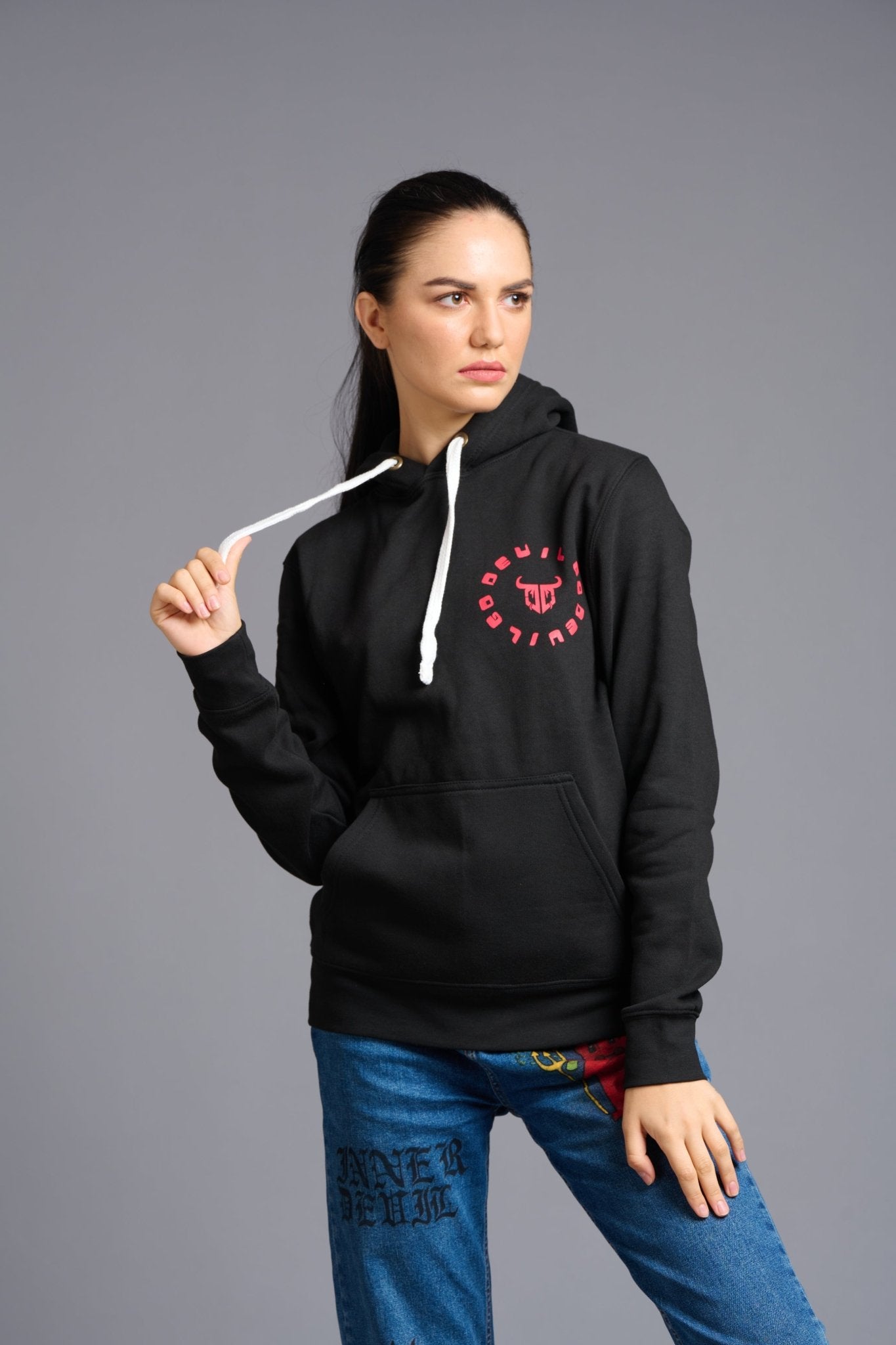 Never Give Up (in Red) Printed Black Hoodie for Women - Go Devil