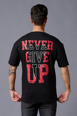 Never Give Up (in Red) Printed Black Oversized T-Shirt for Men - Go Devil