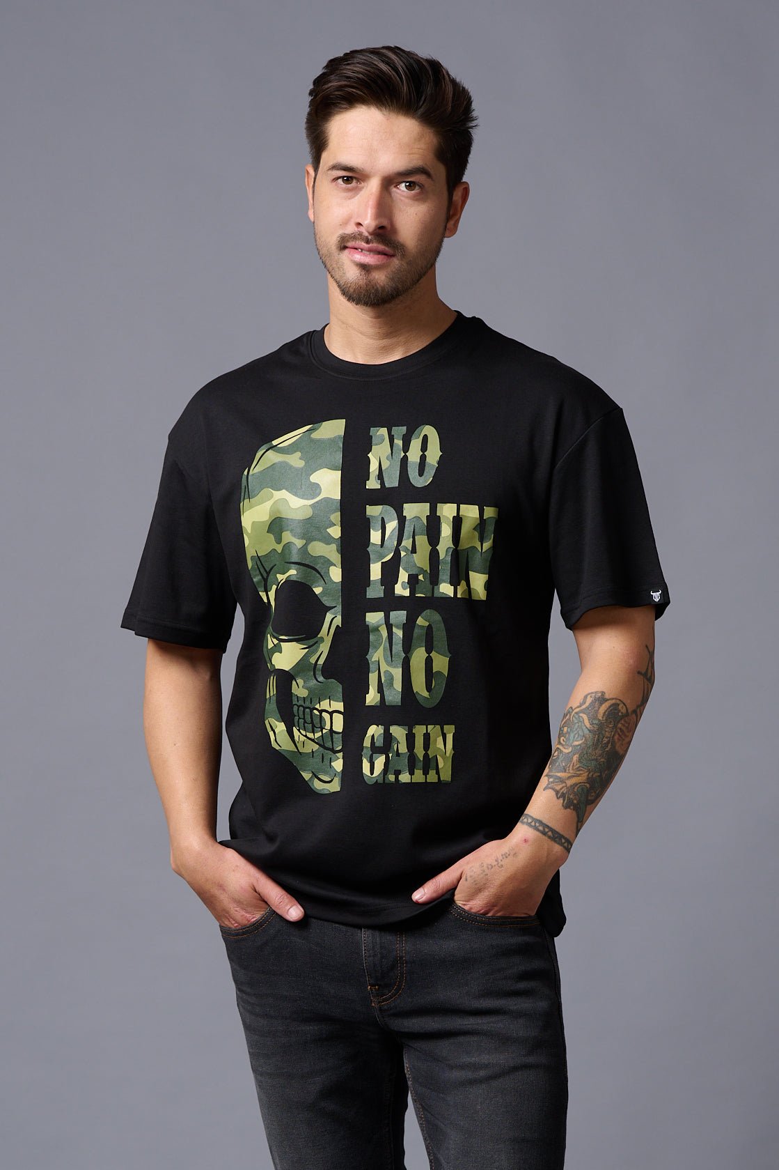 No Pain No Gain in Camo Print Black Oversized T-Shirt for Men - Go Devil