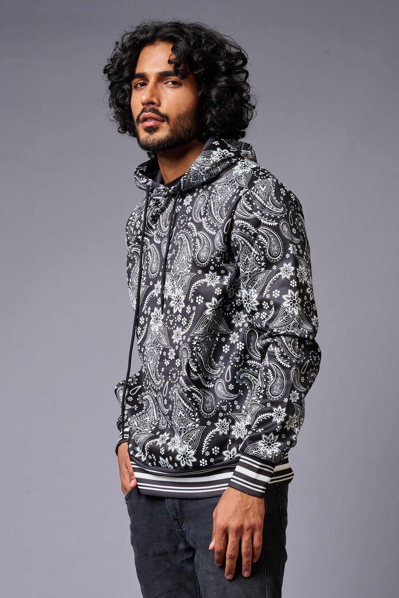 Paisely Design Printed Black Hoodie for Men - Go Devil