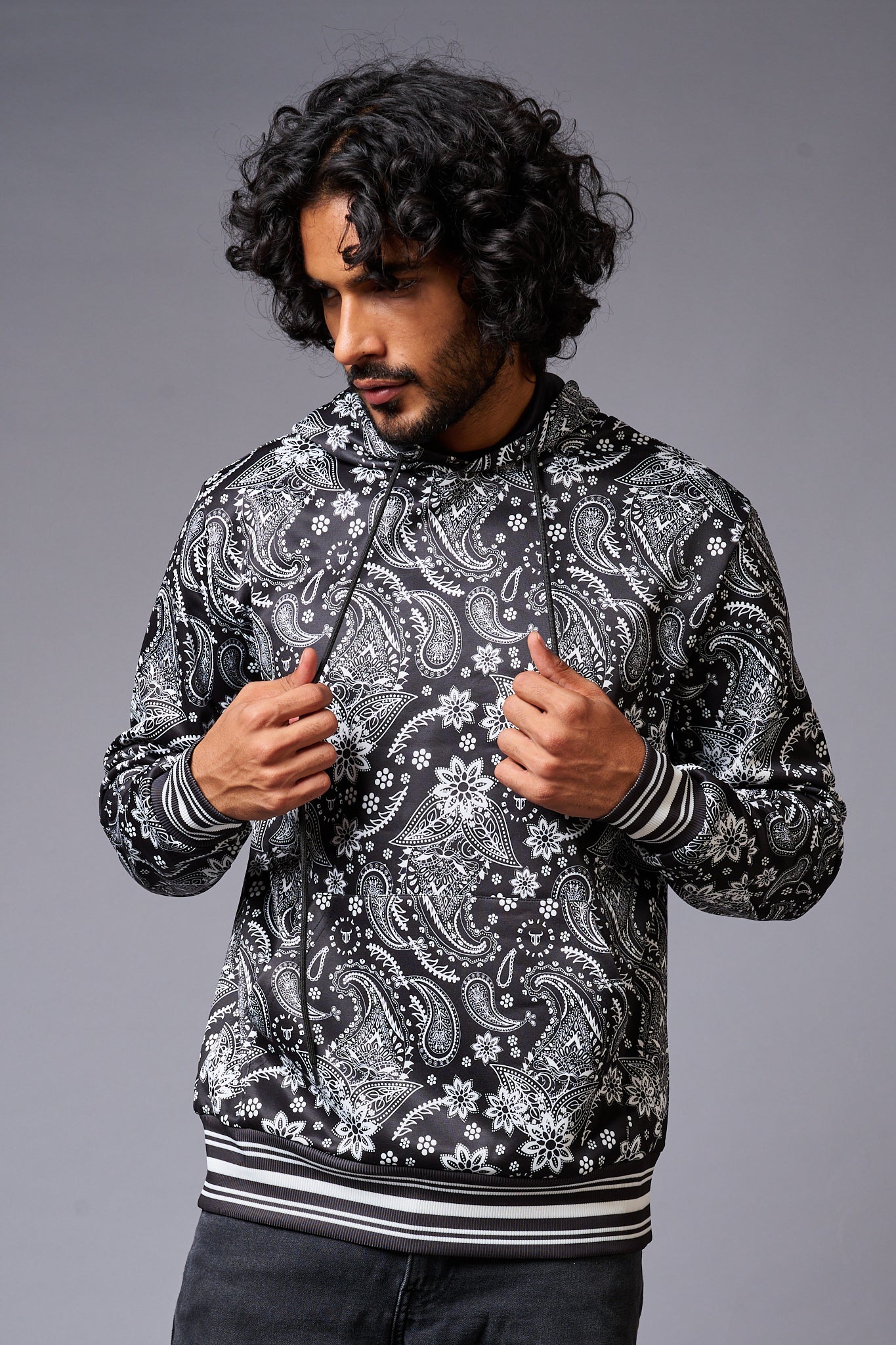 Paisely Design Printed Black Hoodie for Men - Go Devil