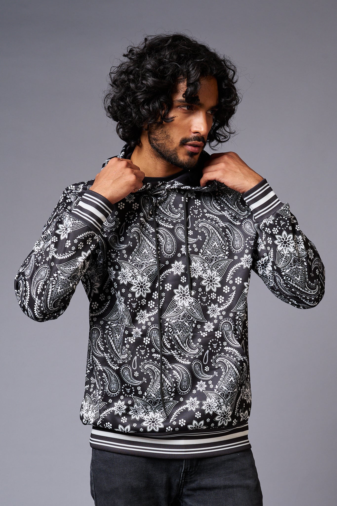 Paisely Design Printed Black Hoodie for Men - Go Devil