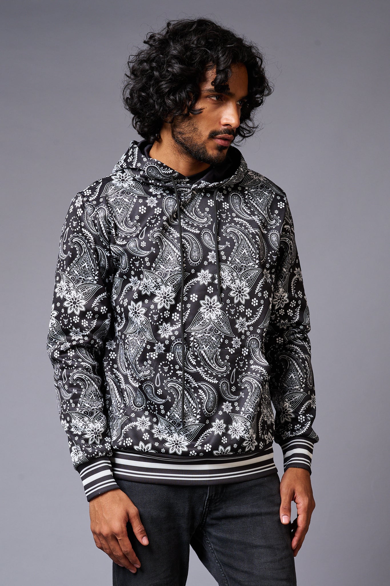 Paisely Design Printed Black Hoodie for Men - Go Devil