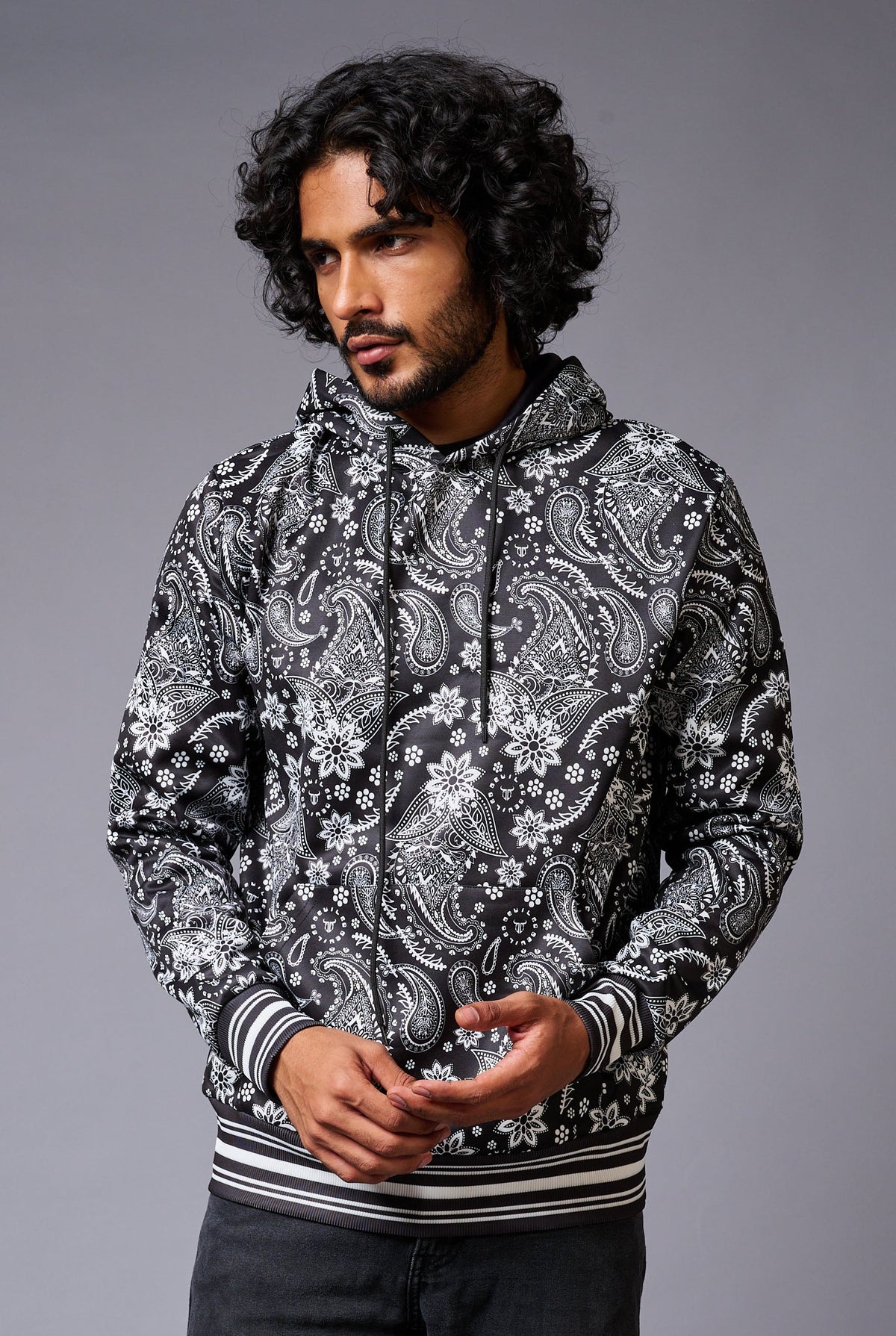 Paisely Design Printed Black Hoodie for Men - Go Devil