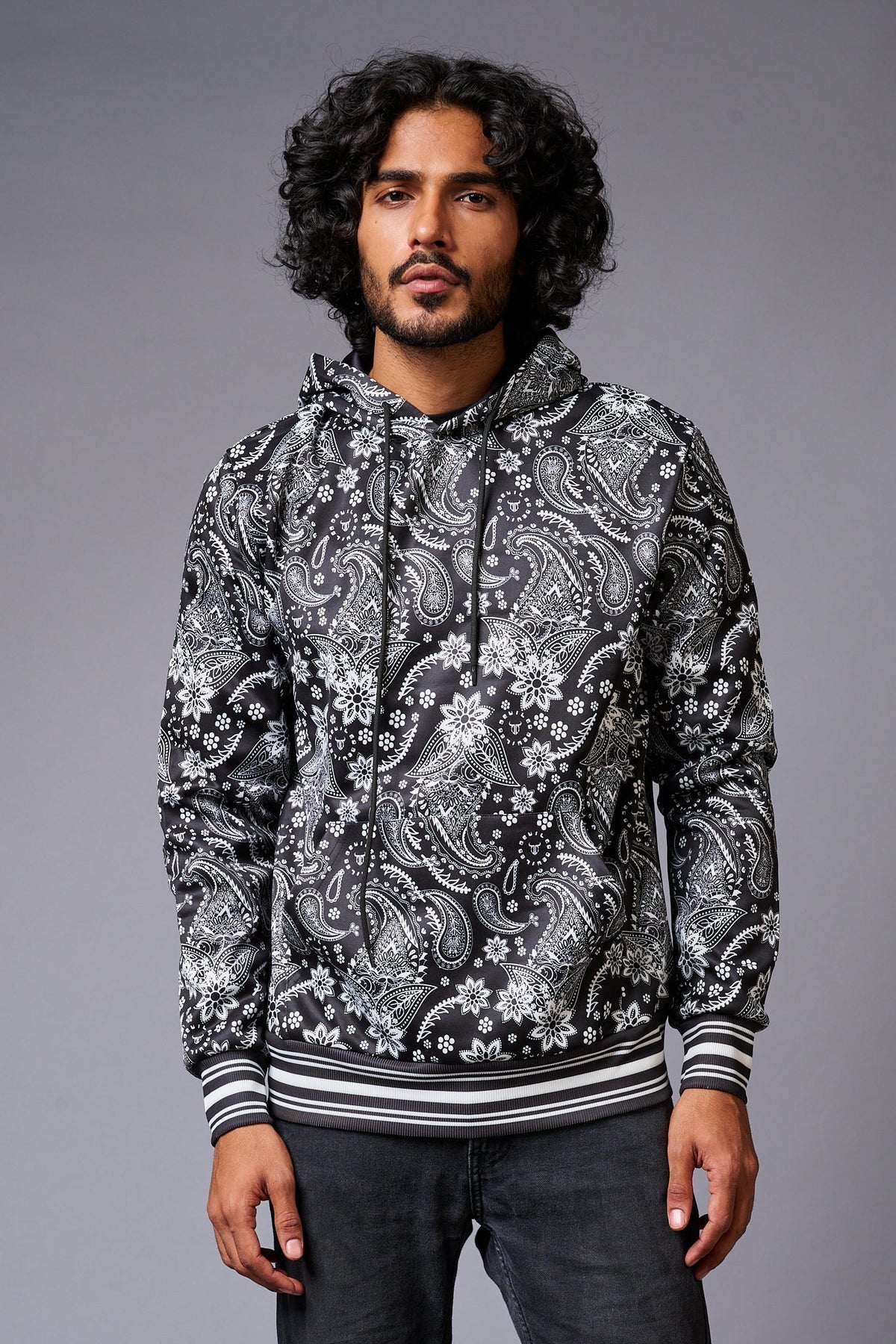 Paisely Design Printed Black Hoodie for Men - Go Devil