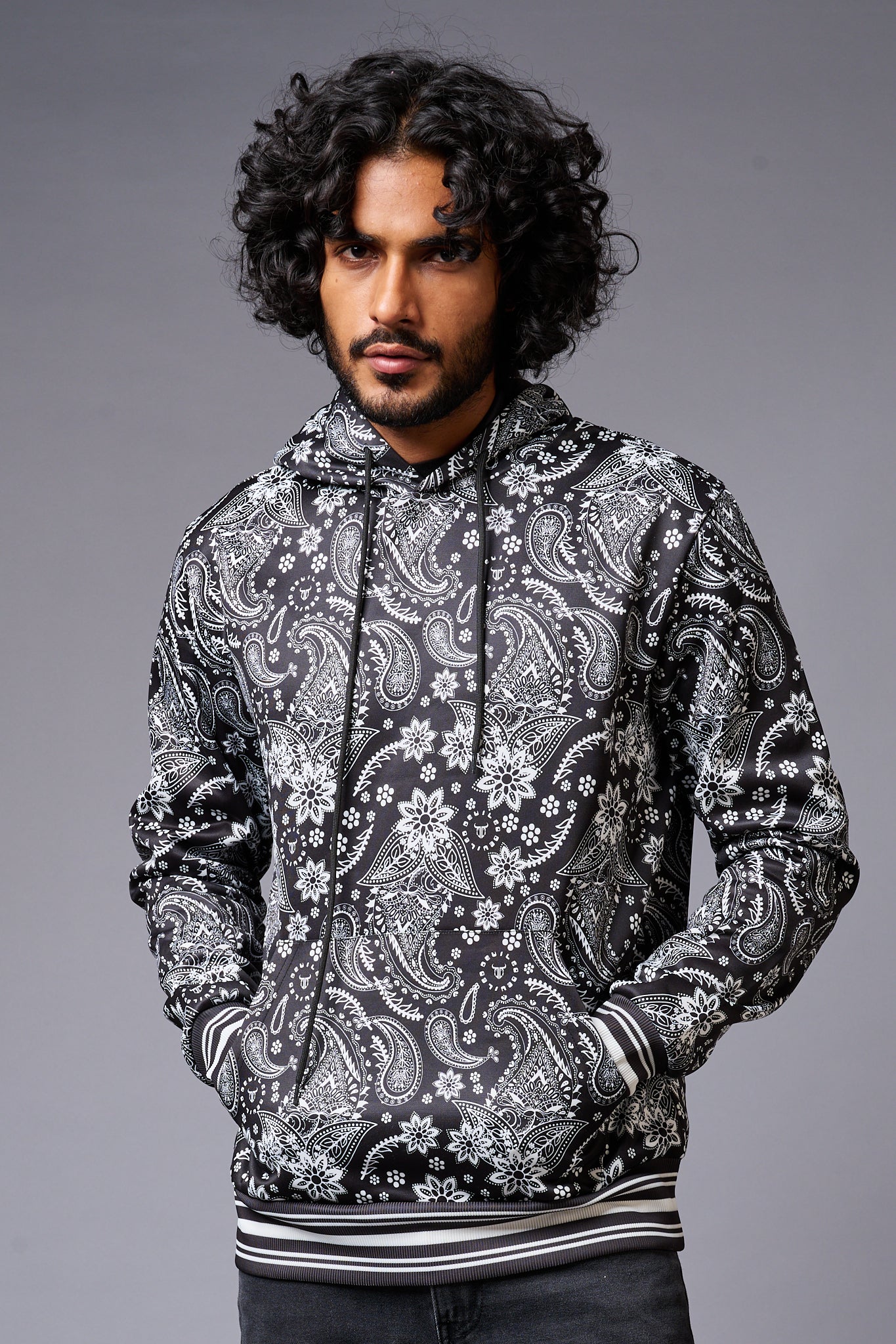 Paisely Design Printed Black Hoodie for Men - Go Devil