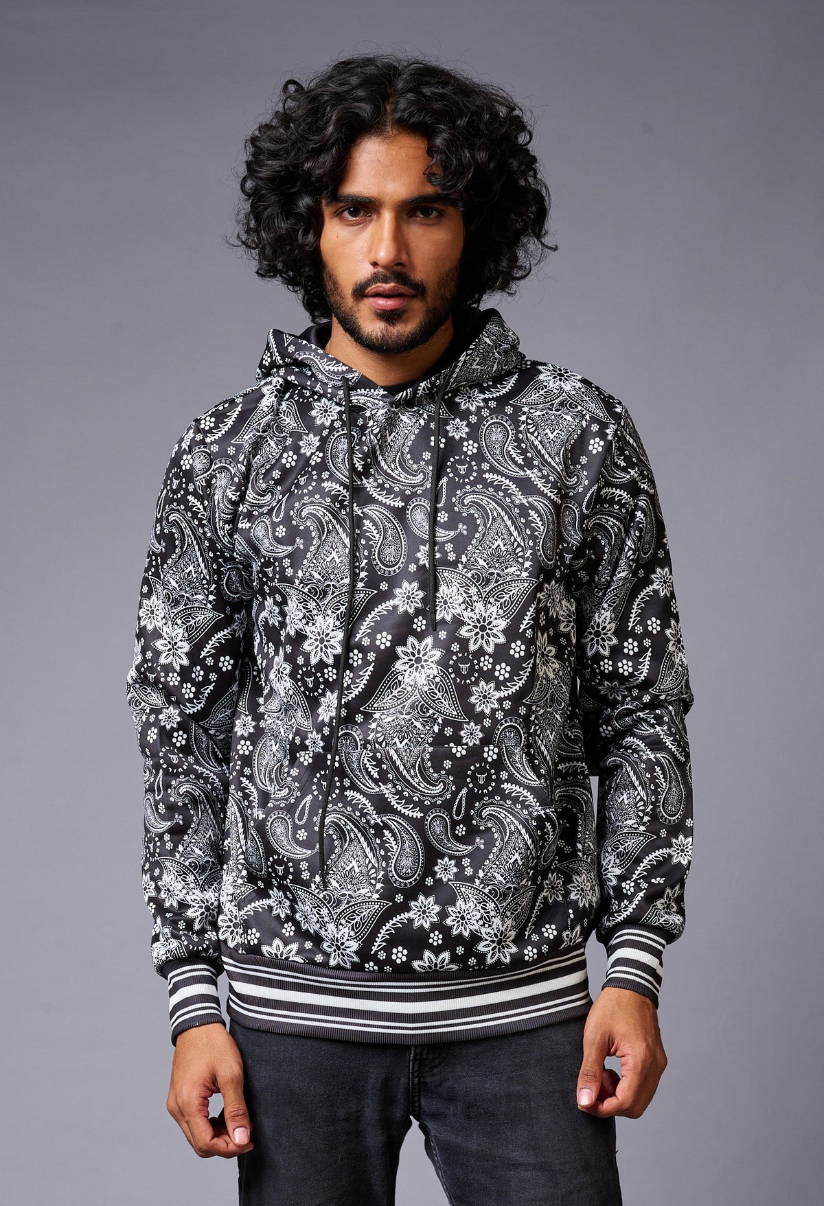 Paisely Design Printed Black Hoodie for Men - Go Devil