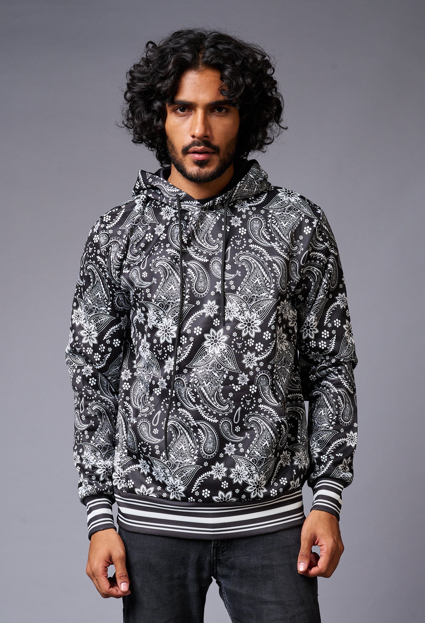 Paisely Design Printed Black Hoodie for Men Go Devil