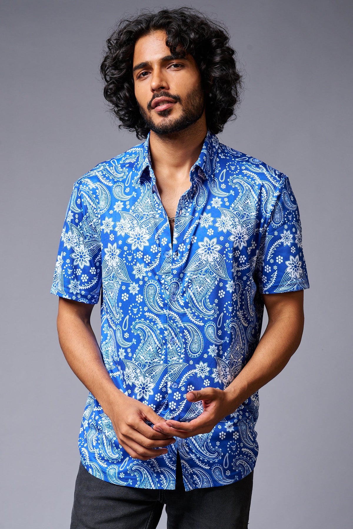 Paisely Design Printed Blue Shirt for Men - Go Devil