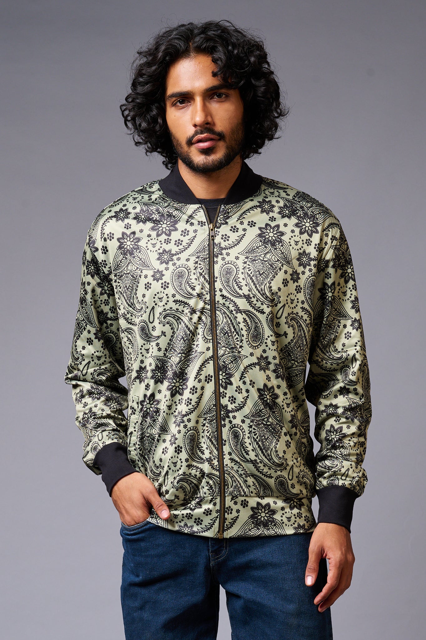 Paisely Design Printed Green Bomber Jacket for Men - Go Devil