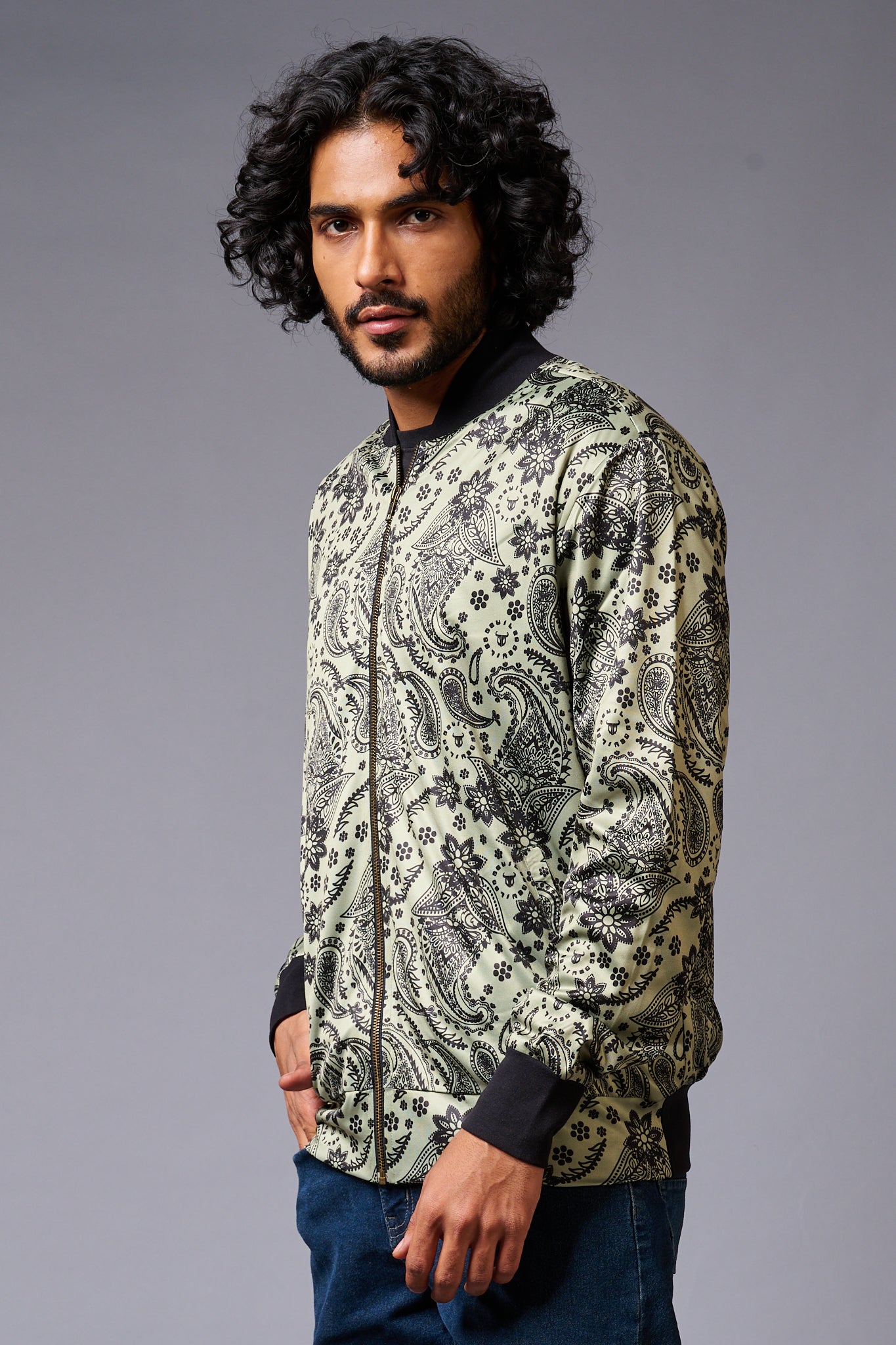 Paisely Design Printed Green Bomber Jacket for Men - Go Devil