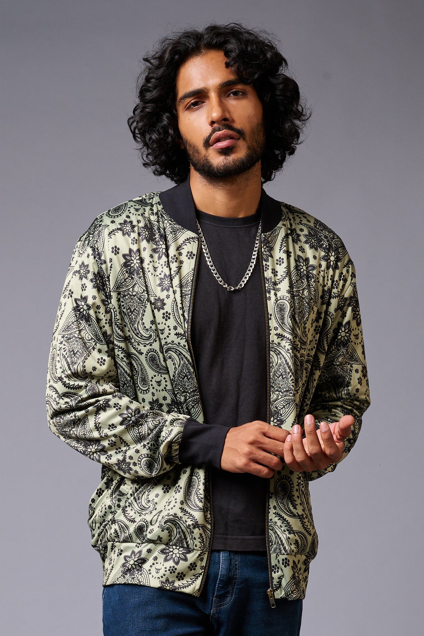 Paisely Design Printed Green Bomber Jacket for Men - Go Devil