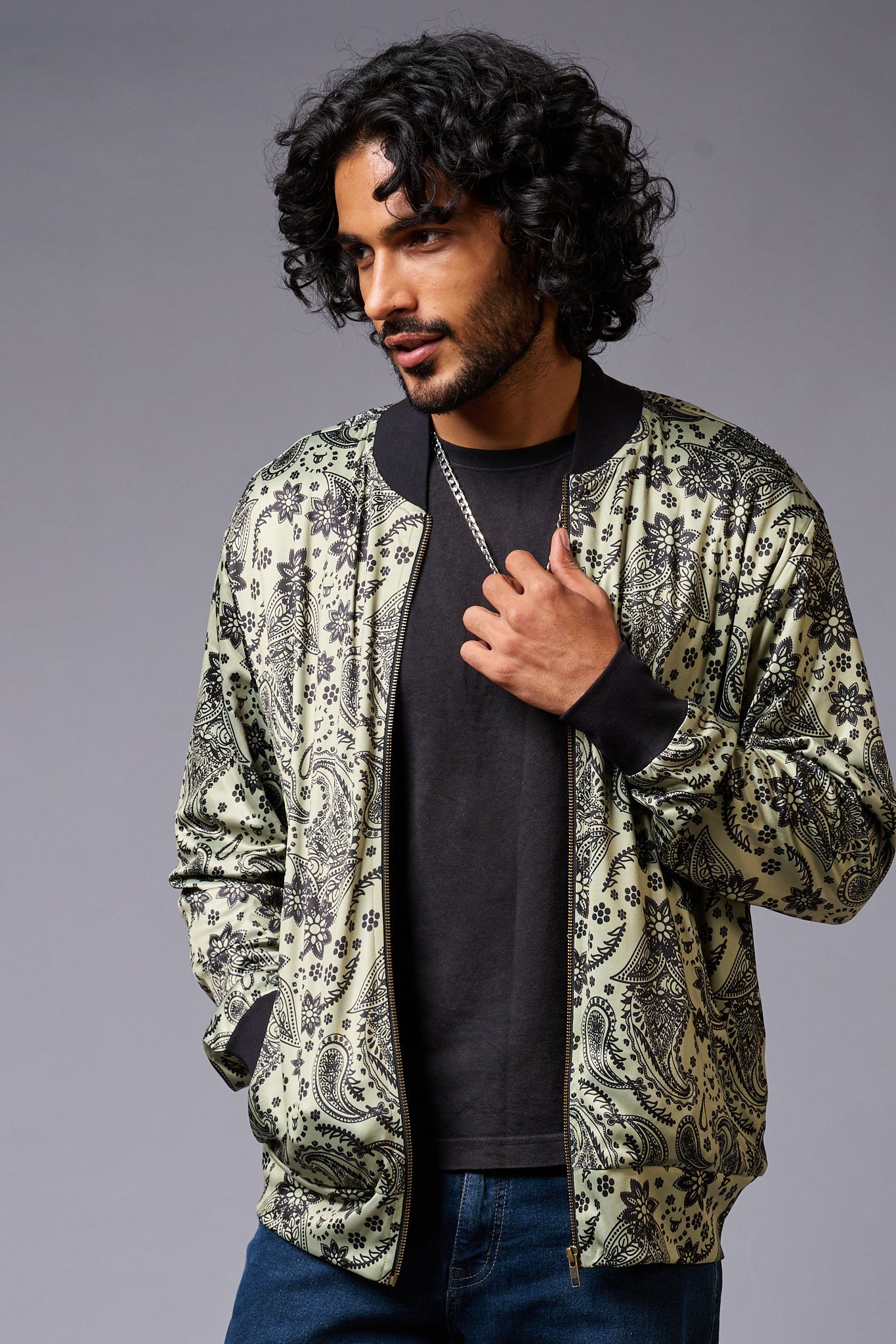 Paisely Design Printed Green Bomber Jacket for Men - Go Devil