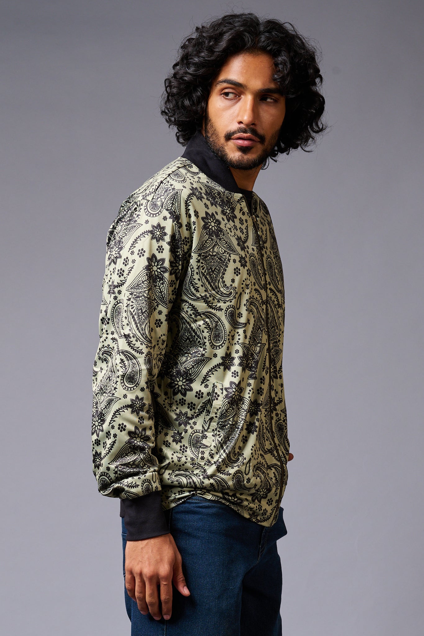 Paisely Design Printed Green Bomber Jacket for Men - Go Devil