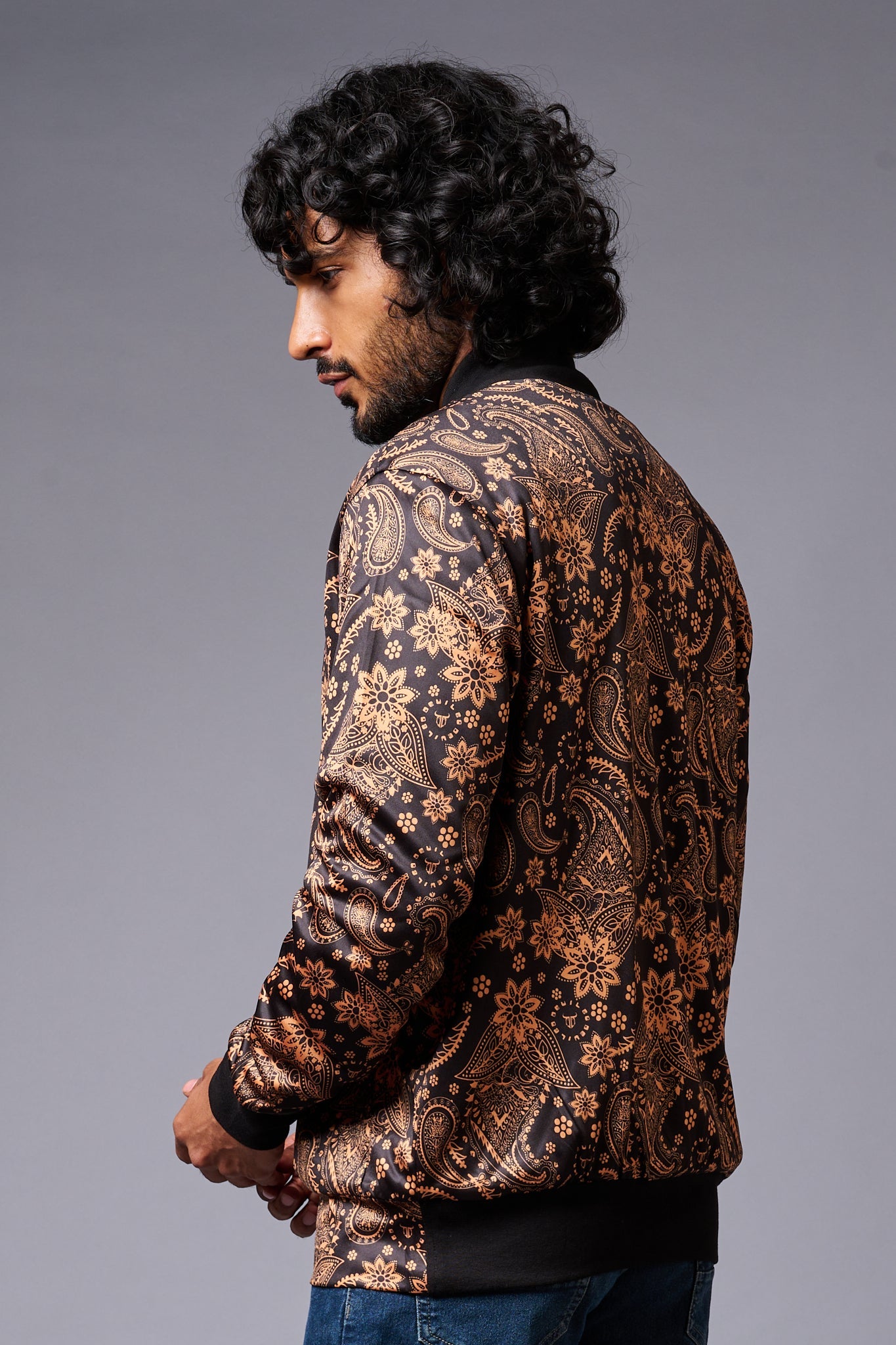 Paisely Design Printed (in brown) Black Bomber Jacket for Men - Go Devil