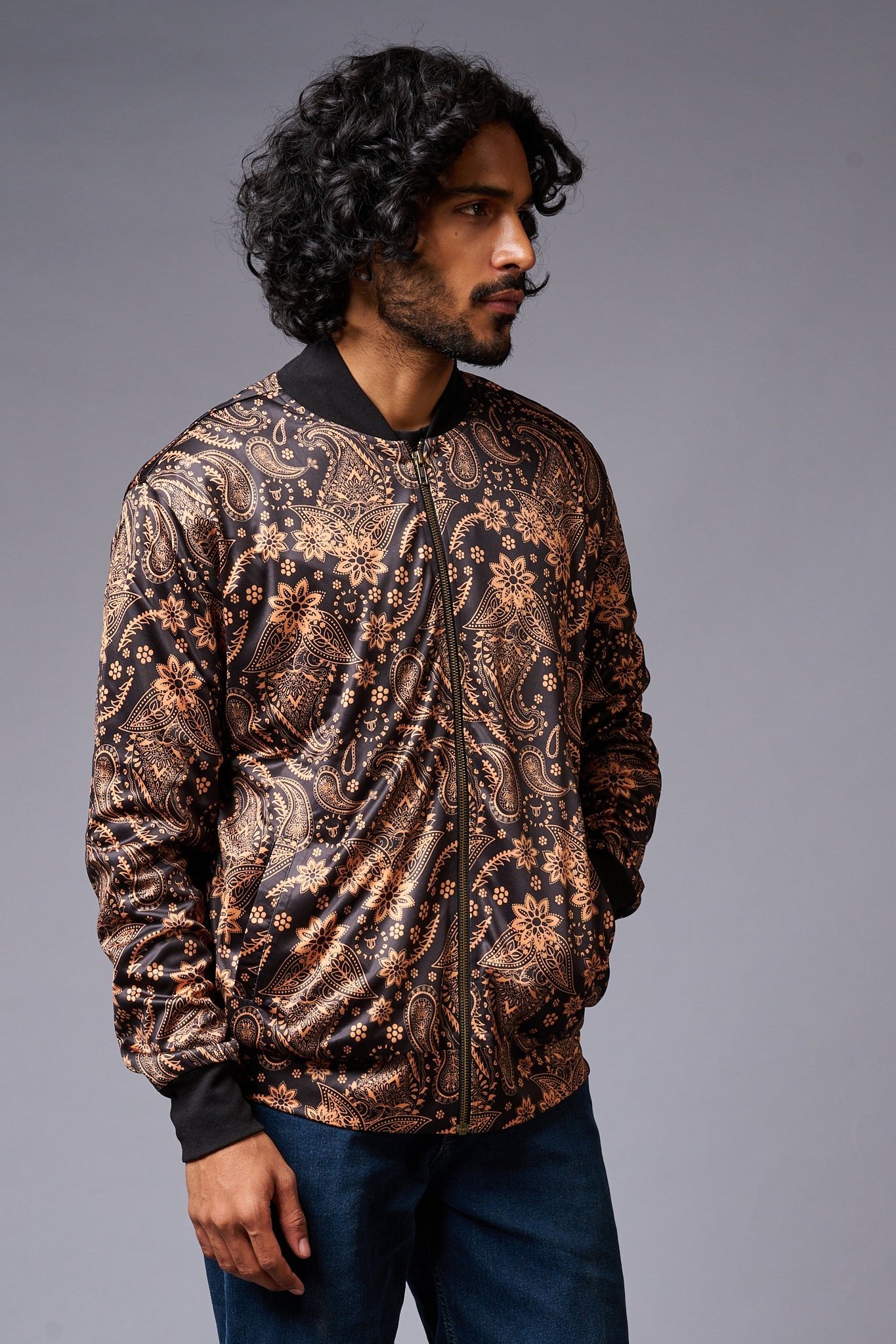 Paisely Design Printed (in brown) Black Bomber Jacket for Men - Go Devil