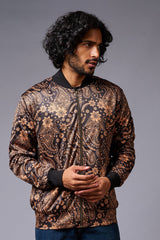 Paisely Design Printed (in brown) Black Bomber Jacket for Men - Go Devil